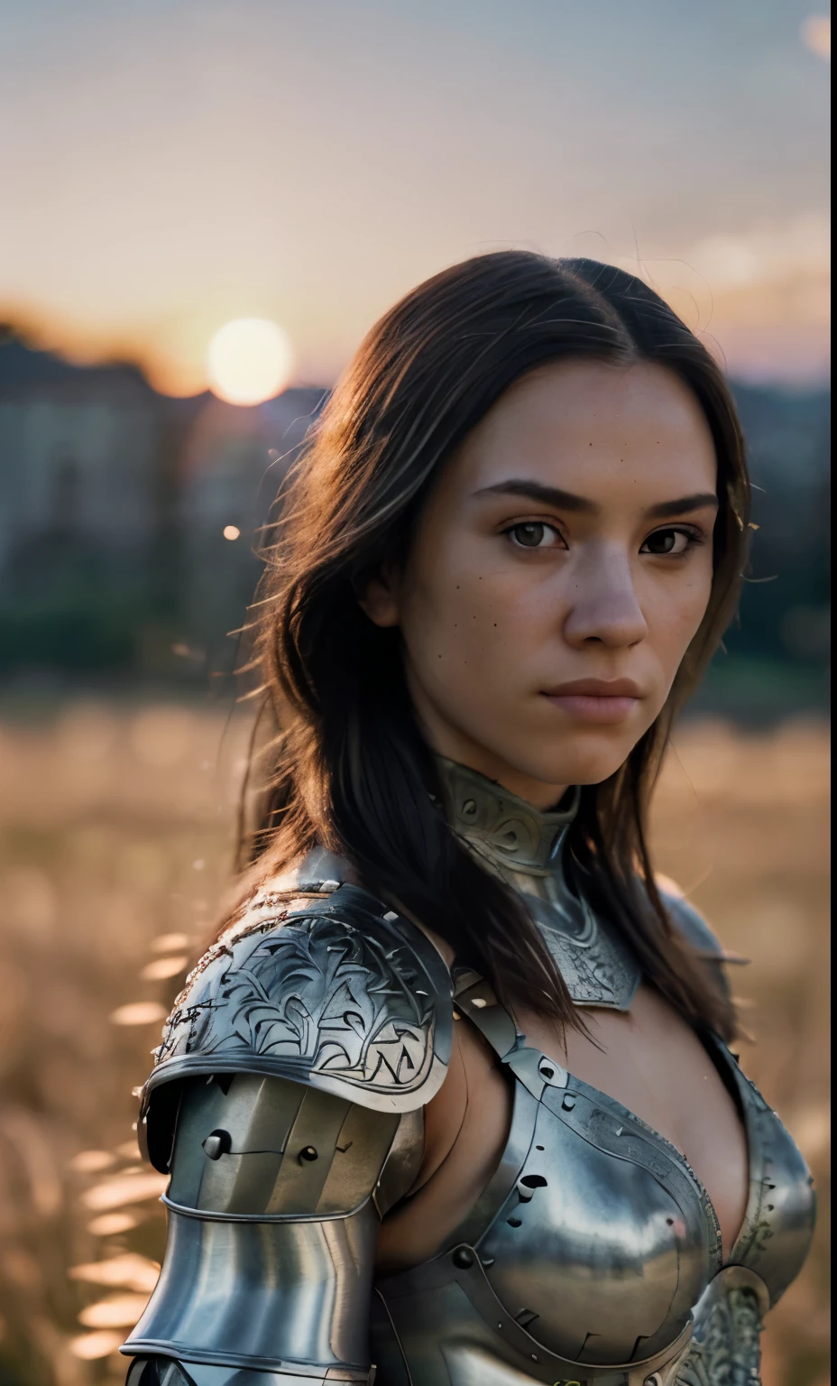 (masterpiece), (extremely intricate:1.3), (realistic), portrait of a girl, the most beautiful in the world, (medieval armor), metal reflections, upper body, outdoors, intense sunlight, far away castle, professional photograph of a stunning woman detailed, sharp focus, dramatic, award winning, cinematic lighting, octane render unreal engine, volumetrics dtx, (film grain, blurry background, blurry foreground, bokeh, depth of field, sunset, motion blur:1.3), chainmail