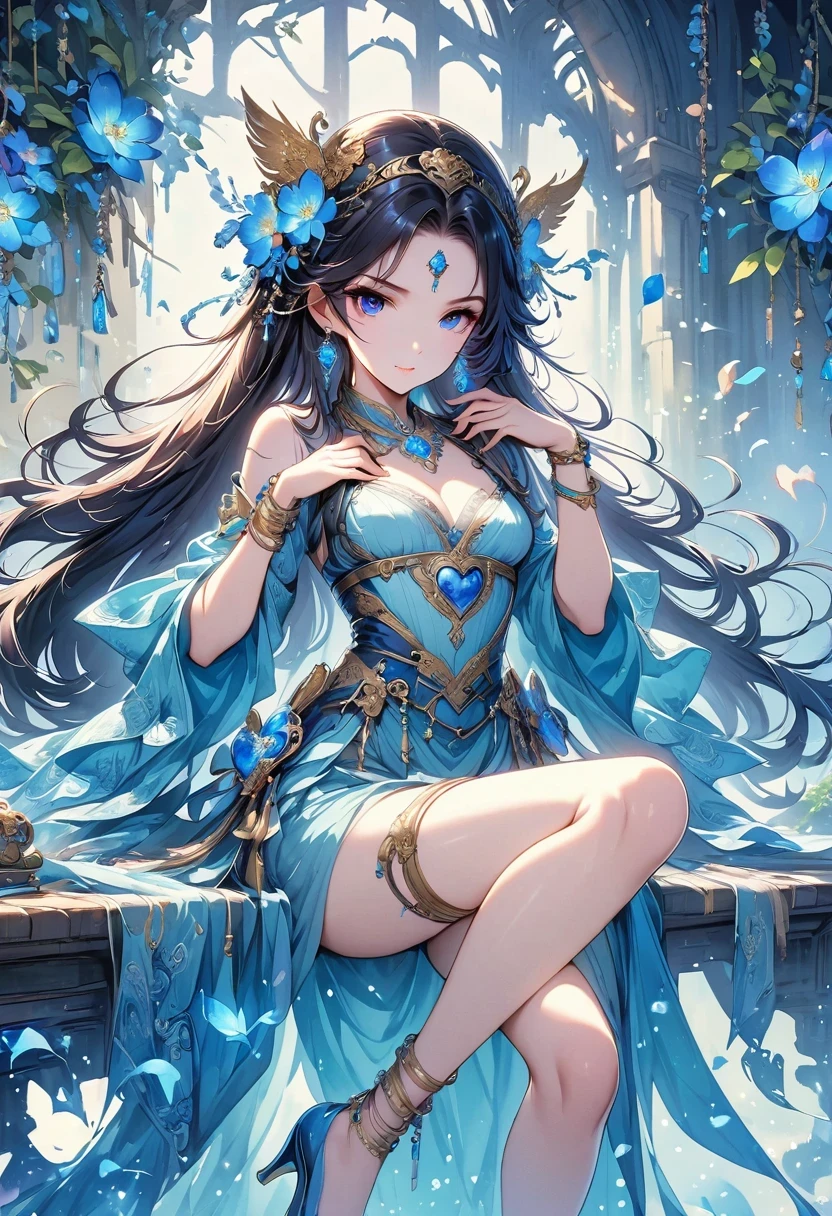 (on the table, highest quality, best quality, official art, Beautiful and beautiful:1.2), (1 Fantasy Girl), Very detailed, Charming jewelry, long shapeless hair, (fractal art:1.3),rich and colorful,highest detail.expressed in the form of heart、blue heart shaped ornament、Use lots of hearts、Use a lot of blue heart shapes in the background、Use a lot of blue、Use a lot of blue花朵、Set with blue heart-shaped jewelry、Heart-shaped bokeh、Ruby jewelry、blue gemstone、From above the knee、Small breasts,B size、A slender one、Cracks are visible。The legs are thin and beautiful,Fair and transparent skin,High heel、Gold anklet、Ruby jewelry、blue gemstone、