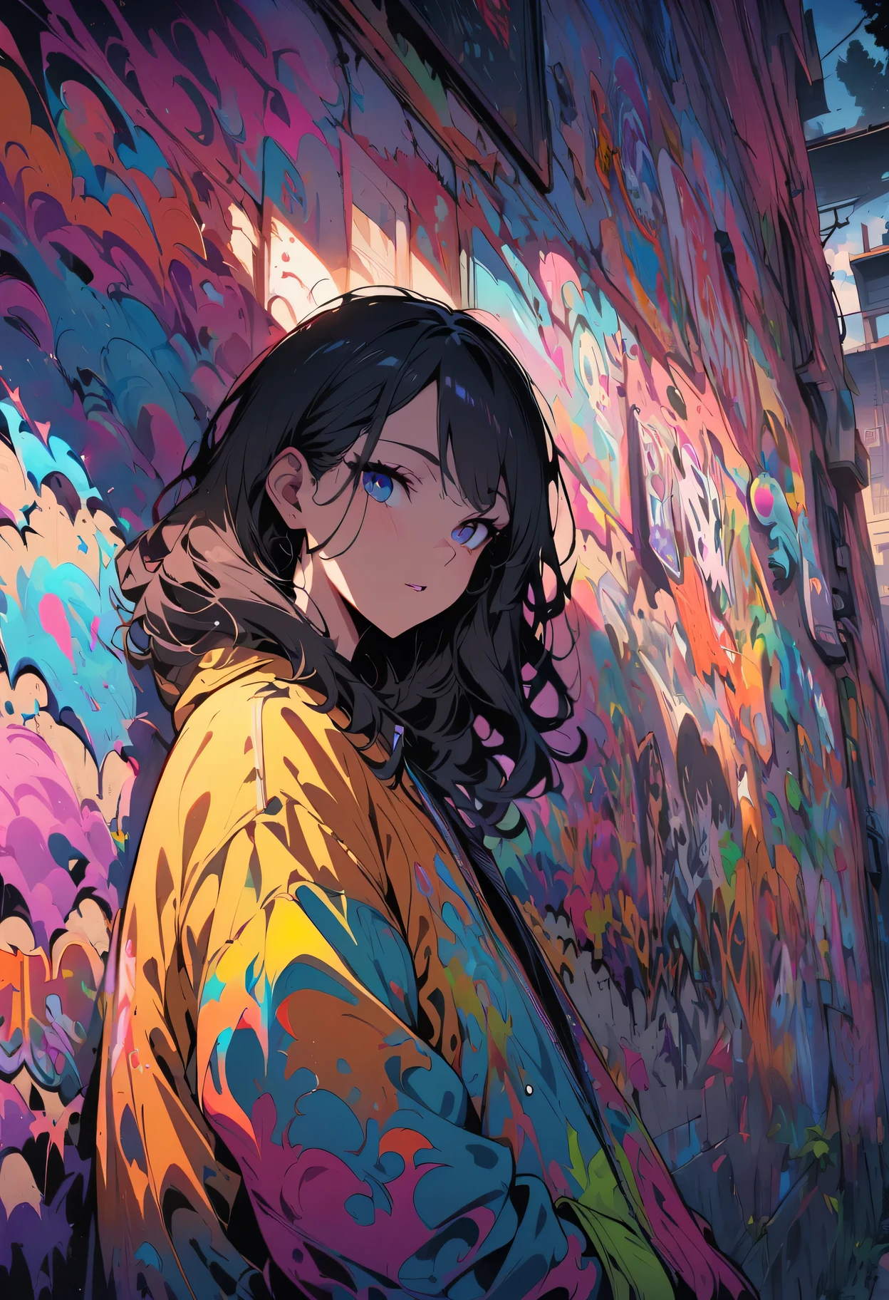 (best quality), masterpiece, Extremely detailed CG8K illustrations, high color, extremely high color saturation, All colors deepen, draw, Graffiti Art, central composition, Extremely detailed light and shadow, graffiti wall, wall drawed bright, Graffiti, 1 girl looking at the wall, The face and eyes are very detailed, medium length hair, sportswear, colorful clouds