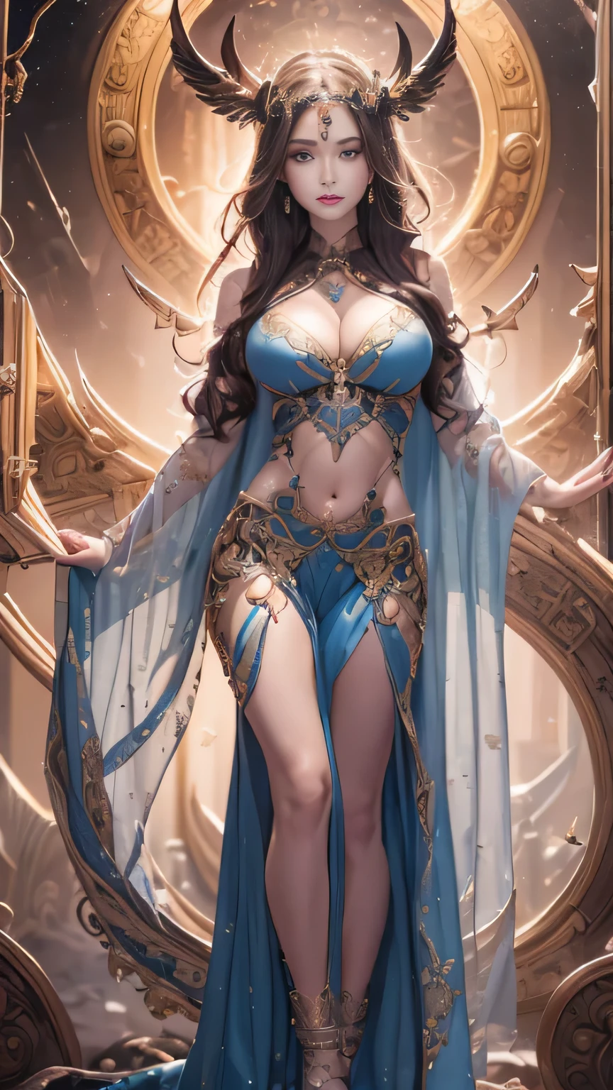 (best qualtiy,ultra - detailed,Most Best Illustration,Best shadow,tmasterpiece,A high resolution,professionalartwork,famousartwork),Detailed eyes,beautidful eyes,cleavage,sci-fy,colored sclera,Robot eyes,face markings,Tattooed with,(fractalized,Fractal eyes),largeeyes,Wide eyes,(Eye focus),sface focus,Cosmic eyes,Space eyes,a woman with a moon in her hair,goddes。(((full body shot))), extremly high detail,a stunning beautiful goddess,hecate goddess,a norse moon goddess,goddess of space and time
