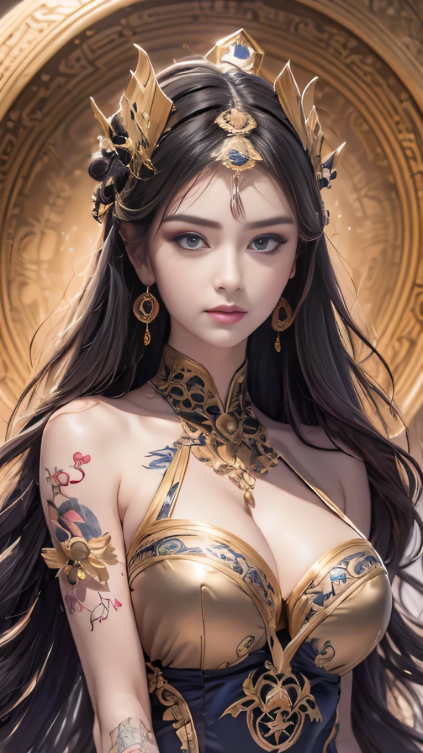 （best qualtiy，ultra - detailed，Most Best Illustration，Best shadow，tmasterpiece，A high resolution，professionalartwork，famousartwork），Detailed eyes，beautidful eyes，cleavage，sci-fy，colored sclera，Robot eyes，face markings，Tattooed with，（fractalized，Fractal eyes），largeeyes，Wide eyes，（Eye focus），sface focus，Cosmic eyes，Space eyes，a woman with a moon in her hair，goddes。(((full body shot))), extremly high detail，a stunning beautiful goddess，hecate goddess，a norse moon goddess，goddess of space and time