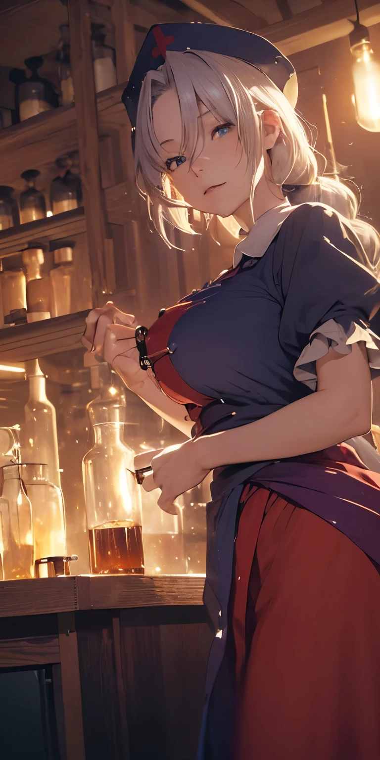 (masterpiece, best quality:1.3), (from below:1.3), Yagokoro Eirin, Touhou Series, perfect face, expressive eyes, 1woman, looking at viewer, 38 years old, gorgeous body, big breast, beautiful, anime, lora,1woman, silver hair, braid hair, nurse cap, red and blue clothes, long skirt, (evil look, looks down on viewer:1.5), (cinematic lighting, realistic, dream-like, enchanting atmosphere:1.3), (photo of a woman in her dark and mysterious environment:1.3), (the woman surrounded by an aura of mystery and intrigue:1.3), (a dark and mysterious laboratory decorated with many flasks, each filled with colorful liquids:2.0), (a table before Eirin decorated with flask, spread out in mysterious shapes:2.0), (she is full of joy in making new discoveries:1.5), (a crystal ball nearby, adding to the mystical setting:1.3), (a hint of incense in the air, adding to the sensory experience:1.3),
