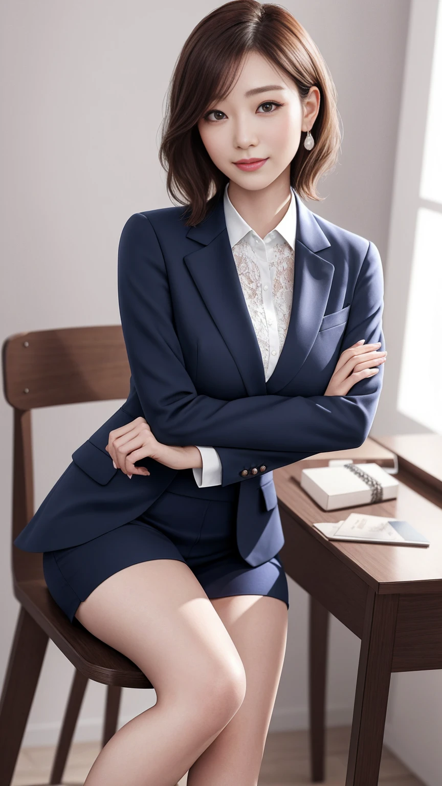 Close-up on the leg，45 degree side，Female, 23 years old，35mm masterpiece，Navy blue suit and mini bag，Gently place your left hand on your chin，Right hand holding chest，Smiling，Blur in the office。