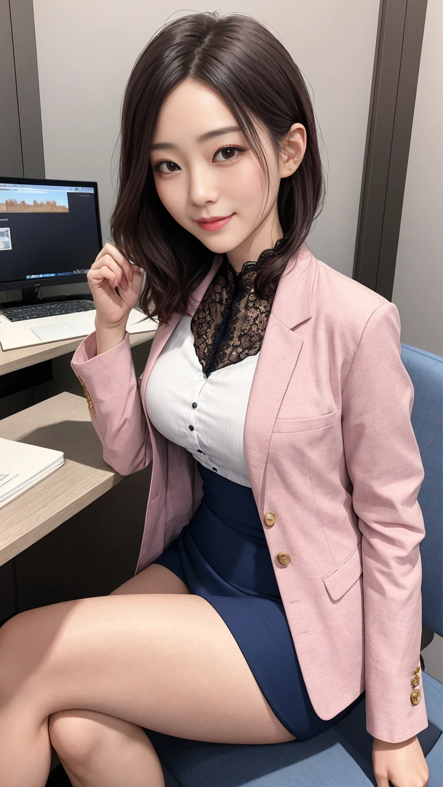 (top-quality、8K、32K、masterpiece、nffsw:1.2)、1girl in、beautiful japanese female、big breasts thin waist、different color suit、Open jacket、Office、desk work、(sit a chair)、((different style of pose))、finerly detailed face、shorth hair, beautiful lace pink panty, realistic render, cute asian 30 years old woman, detailed eyes, real human face, eyeshadow, soft smile,