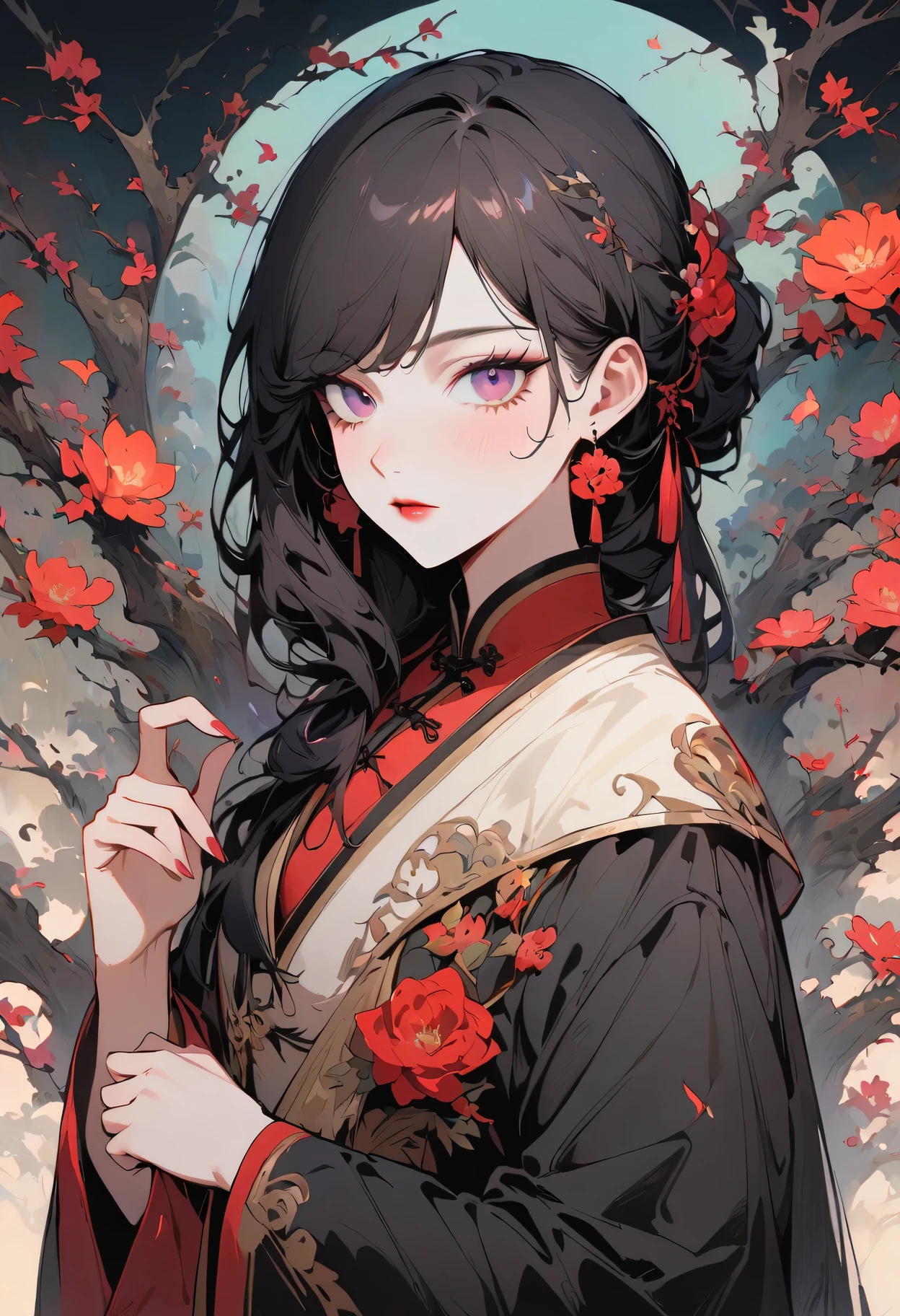masterpiece,Extremely detailed ofCG unified 8k wallpaper,1 girl, beauty of, actual of, blur of, blur of_background, blur of_prospect, branch, brown of_hair, 梅flower, depth_of_site, earrings, flower, jewelry, nose, actual of, own of,Chinese clothes,Finger hidden, weapon concealment, only wear