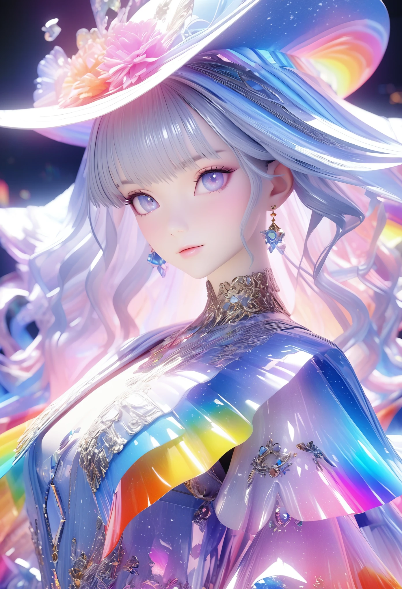 a beautiful young woman,Ultra-detailed,Rich details,jewelry,jewelry,hat, mysterious waves at night. 3d. rainbow colors. The melting beauty of the universe. Surrealism in Nebula Reflections