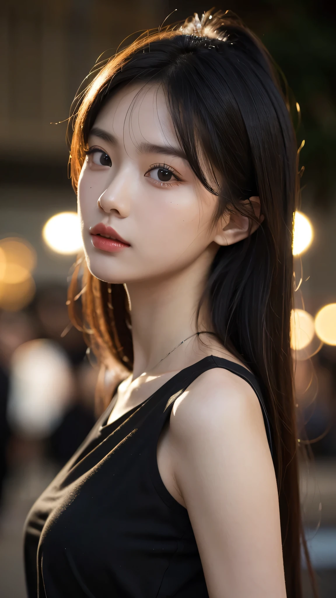 masterpiece, 1 beautiful girl, delicate eyes, swollen eyes, top quality, Ultra High resolution, (Reality: 1.4), movie lighting, Japanese, asian beauty, Korean, very beautiful, beautiful skin, thin and long, body facing forward, (Surreal), (High resolution), (8K), (Very detailed), ( Best Illustration), (The eye details are exquisite), (super detailed), (wallpaper), Detailed face, bright lights, professional lighting, looking at the audience, facing straight ahead, The costumes are neat shirts and dresses, 46 points oblique bangs, night view, black hair (some redheads with mesh),