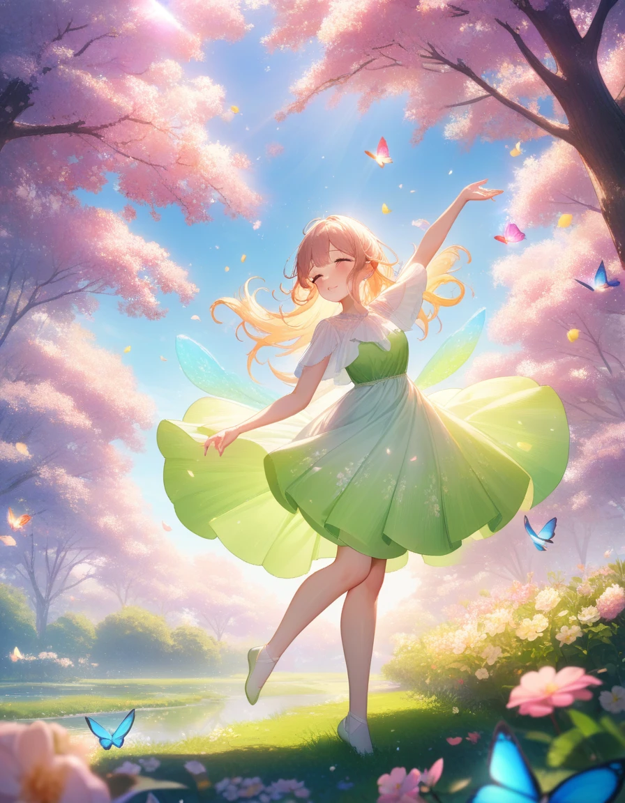 1girl, Spring Morning, aesthetic, masterpiece, best quality, very aesthetic, absurdres, (4k,8k,highres:1.2),ultra-detailed,blooming flowers,blossoming cherry trees,sunlight streaming through the branches,morning dew on the grass,pink and white petals dancing in the air,soft breeze rustling the leaves,newly sprouted green leaves,golden rays of sunshine,lively birds chirping and flying,glistening water droplets on delicate petals,serene atmosphere,fresh and vibrant colors,peaceful and calm setting,tranquil garden,clear blue sky,subtle shadows and reflections,nature awakening with life,tender Spring beauty,whispering whispers of nature,serene and serene scene,sunlit garden filled with delicate fragrance,colorful butterflies flitting about,elegant and dainty butterflies gracefully dancing,delights of Spring,refreshing and joyful ambiance,vivid blooms in every corner,iridescent hummingbirds swiftly hovering,playful bumblebees buzzing amongst the flowers,soft and gentle morning light caressing the garden's beauty,morning mist gradually dissipating,enticing scents of blooming flowers filling the air,bright and cheerful mood,ever-changing Spring colors painting the world,delicate flower petals swaying,creating an enchanting dance,overwhelming sense of rejuvenation and new beginnings.