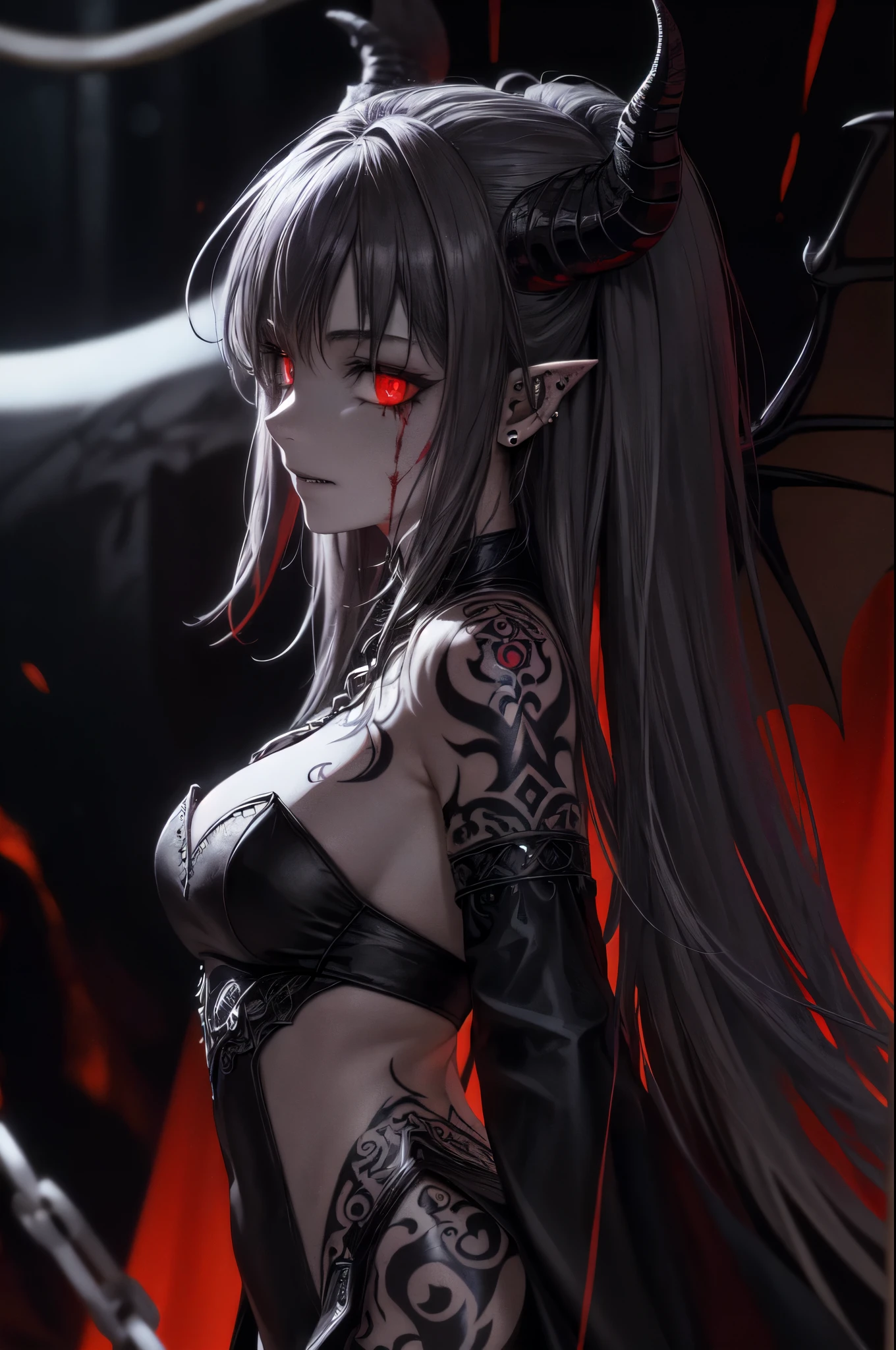 (Aschenhardt Style:1.4), Masterpiece, Best Quality, High Quality,(Dark shapeless creature with dark red glow and red eyes and surrounded by darkness:1.2), (in profile), (Darkness:1.2), Abstraction, Deep Sea, Award-winning photography, Depth of field, HDR, Very detailed, Trending in art stations, Trending in CGsociety, Complex, High detail,(Masterpiece:1.2, Best Quality), (Best Lighting, Very Delicate and Beautiful), (Best Lighting, Very Delicate and Beautiful), (Beautiful Detailed Face), (Detailed Eyes and Detailed Face:1.2), Dark Fantasy, (Young Girl, Little Beast, 1girl, Solo, Crazy Smile, Pale Skin,19 Piercings,((tattoos all over body,Tribal tattoos all over legs)) gray hair, glowing red eyes, dynamic angle, vampire), (get chains, magic circles, graffiti on the wall, in the background)),get demons to be summoned), magic thunder, pointy_ears, fangs,demon wings,demon horns,blood on face,blood rain,blood mist,(depth of field),high contrast,(blood splash:1.4),cowboy shot,full body, black lace up thigh boots,shout, Sacrifice, Magnificent Stage, cleavage, busty, sexy pose
