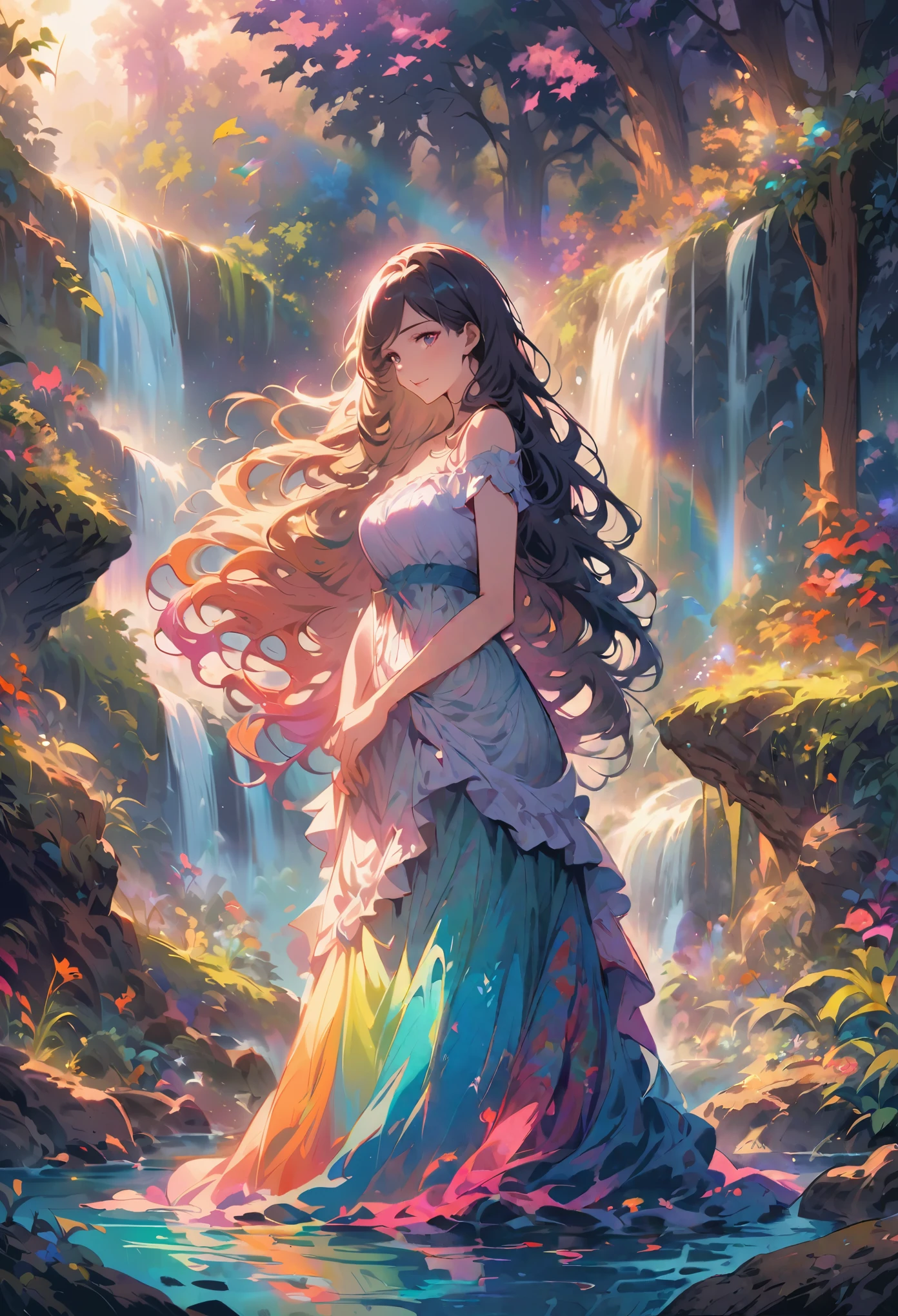 (a beautiful woman,a woman with long flowing hair,a woman dressed in a flowing dress),(a lush green forest,a dense forest with towering trees,a forest filled with sunlight filtering through),(a majestic waterfall,a waterfall cascading down rocks,a waterfall with mist),(a vibrant rainbow,a rainbow stretching across the sky,a rainbow with vivid colors),(oil painting,impressionistic style),(vibrant colors,warm color tones),(soft sunlight,illuminating the scene,creating a magical atmosphere)