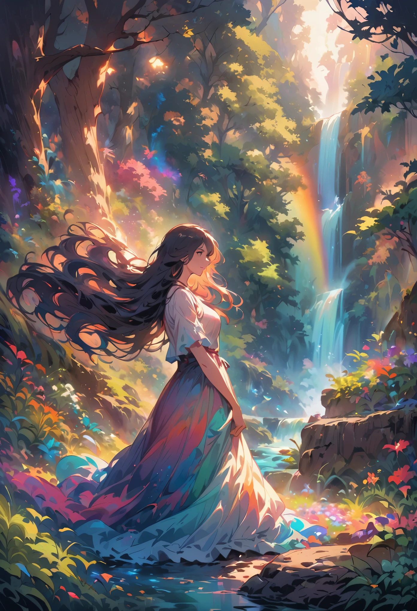 (a beautiful woman,a woman with long flowing hair,a woman dressed in a flowing dress),(a lush green forest,a dense forest with towering trees,a forest filled with sunlight filtering through),(a majestic waterfall,a waterfall cascading down rocks,a waterfall with mist),(a vibrant rainbow,a rainbow stretching across the sky,a rainbow with vivid colors),(oil painting,impressionistic style),(vibrant colors,warm color tones),(soft sunlight,illuminating the scene,creating a magical atmosphere)