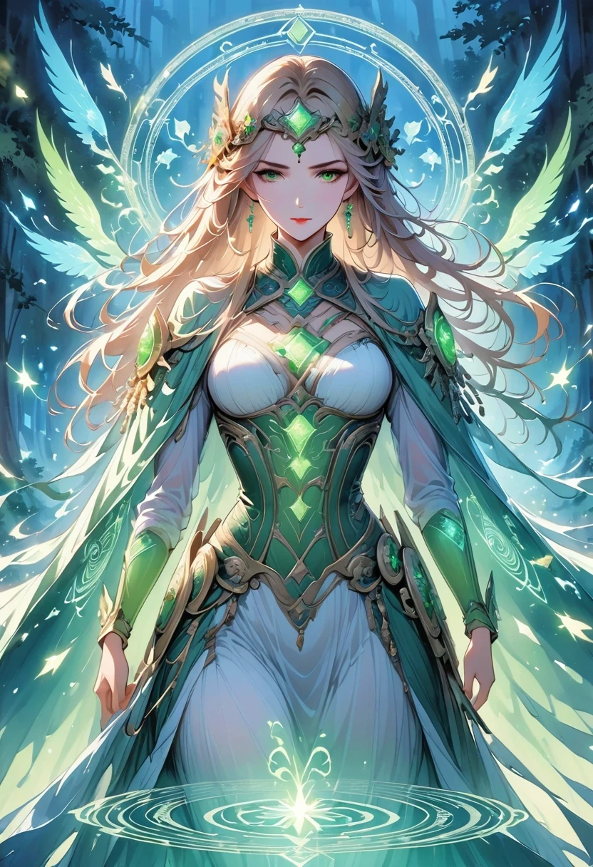 (((masterpiece, best quality, HD, high detail)))), ((((fantasy)))), one, (elf woman)))), (Gold embroidered white skirt), (blonde long straight hair), (Delicate deep green eyes)))), (Gold embroidered green cape armor)), big deal, (Strong wind), (cast spell)), (Many glowing particles are flying), ((( A whirlpool of light condensed in the hand))), (((Light magic circles with densely drawn geometric patterns and magic letters on the background))), ((Many glowing green arrows are released)), forest, The magic circle reflected on the cloak