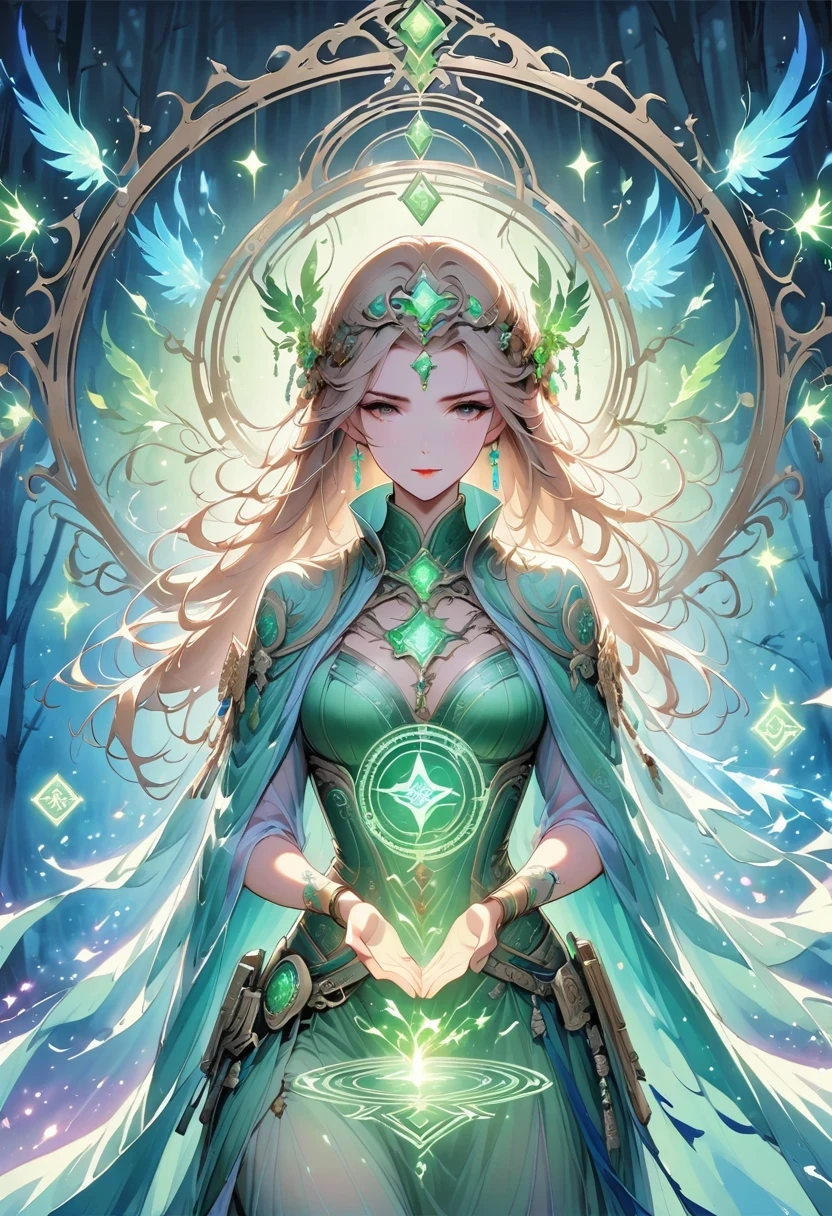 (((masterpiece, best quality, HD, high detail)))), ((((fantasy)))), one, (elf woman)))), (Gold embroidered white skirt), (blonde long straight hair), (Delicate deep green eyes)))), (Gold embroidered green cape armor)), big deal, (Strong wind), (cast spell)), (Many glowing particles are flying), ((( A whirlpool of light condensed in the hand))), (((Light magic circles with densely drawn geometric patterns and magic letters on the background))), ((Many glowing green arrows are released)), forest, The magic circle reflected on the cloak