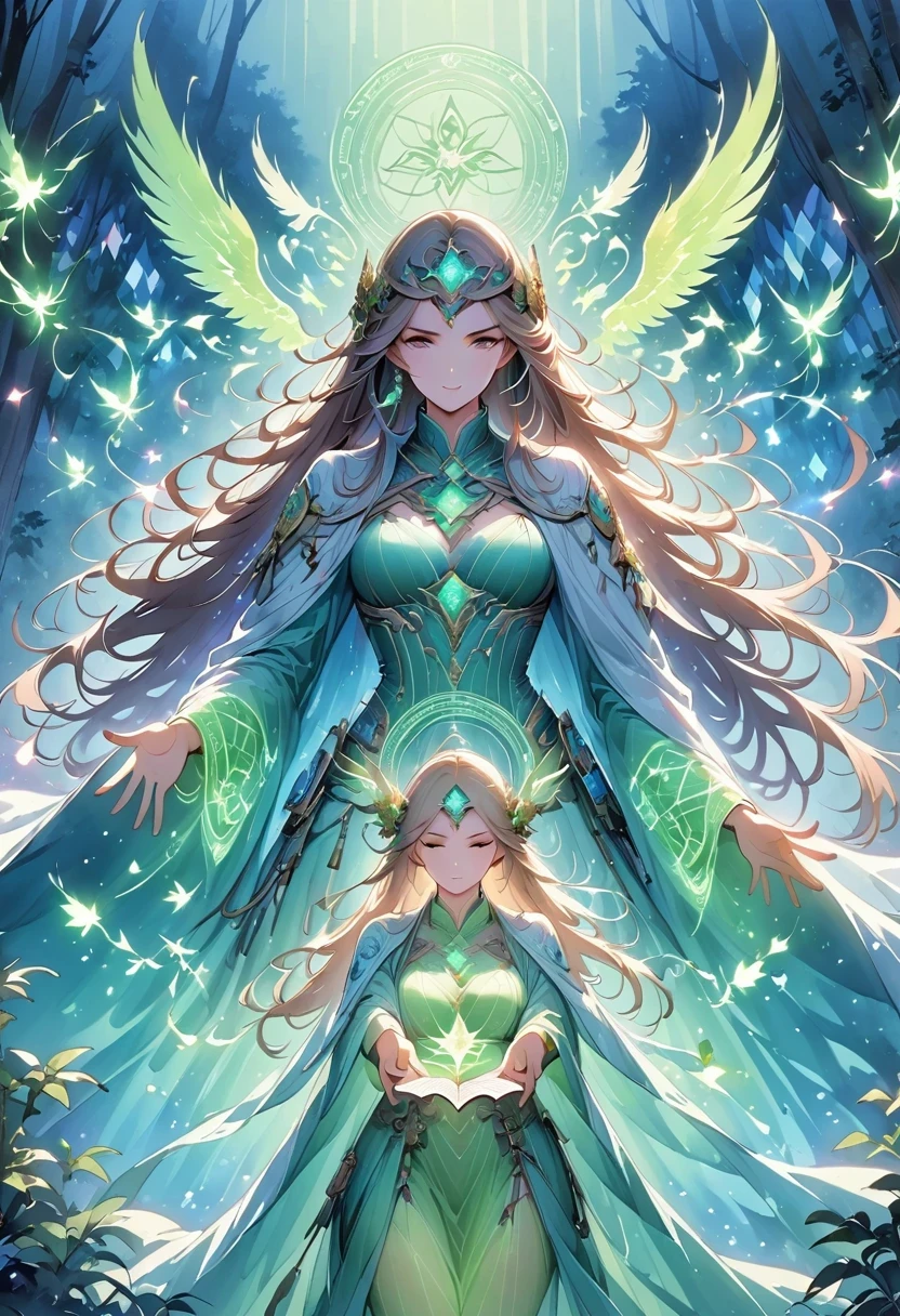 (((masterpiece, best quality, HD, high detail)))), ((((fantasy)))), one, (elf woman)))), (Gold embroidered white skirt), (blonde long straight hair), (Delicate deep green eyes)))), (Gold embroidered green cape armor)), big deal, (Strong wind), (cast spell)), (Many glowing particles are flying), ((( A whirlpool of light condensed in the hand))), (((Light magic circles with densely drawn geometric patterns and magic letters on the background))), ((Many glowing green arrows are released)), forest, The magic circle reflected on the cloak