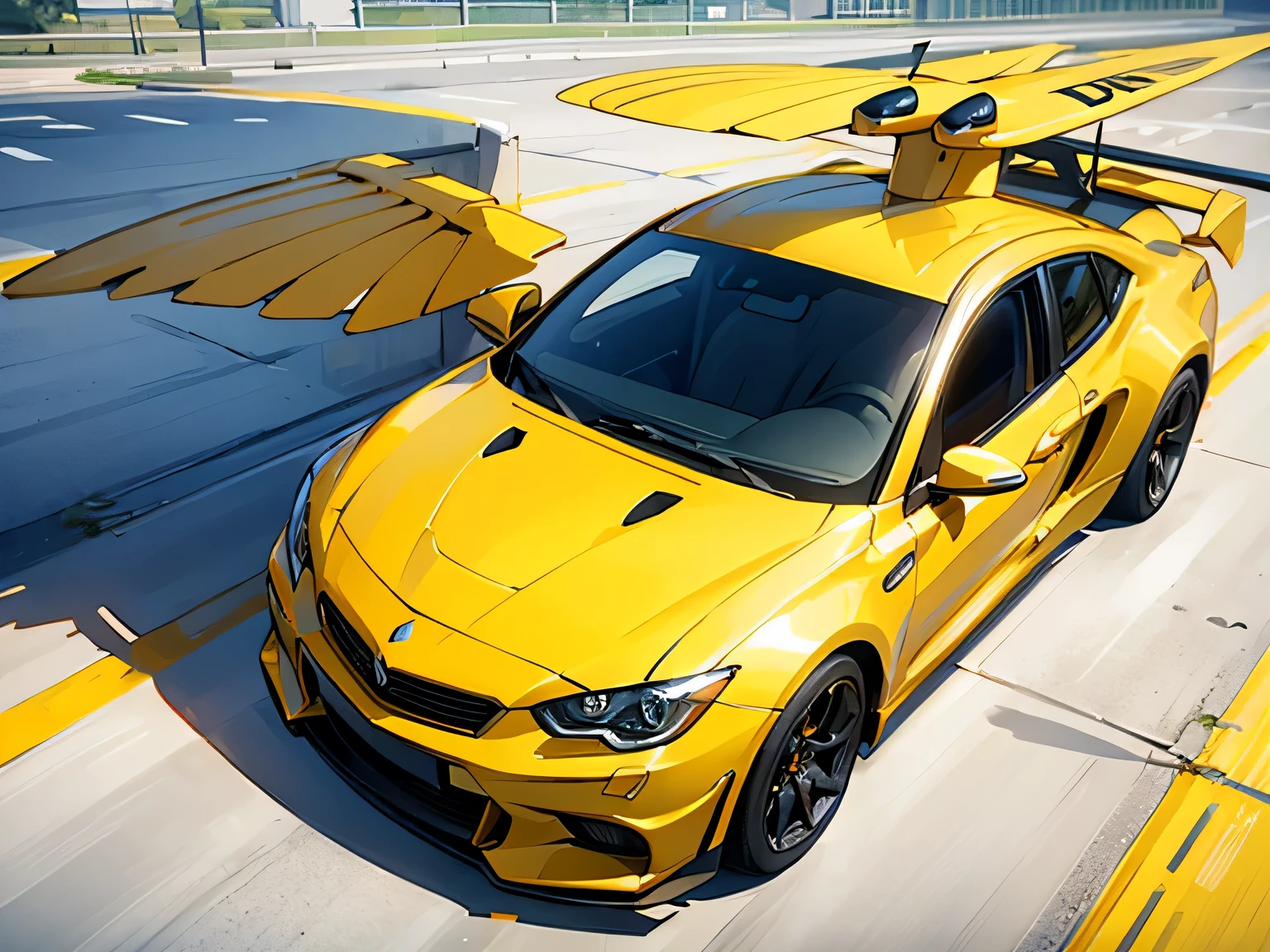 One yellow car that has a propeller and wings