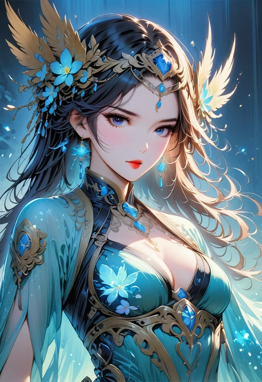 glow photo style, beautiful female model，a piece of clothing, whole body, Beautiful detailed，electric blue