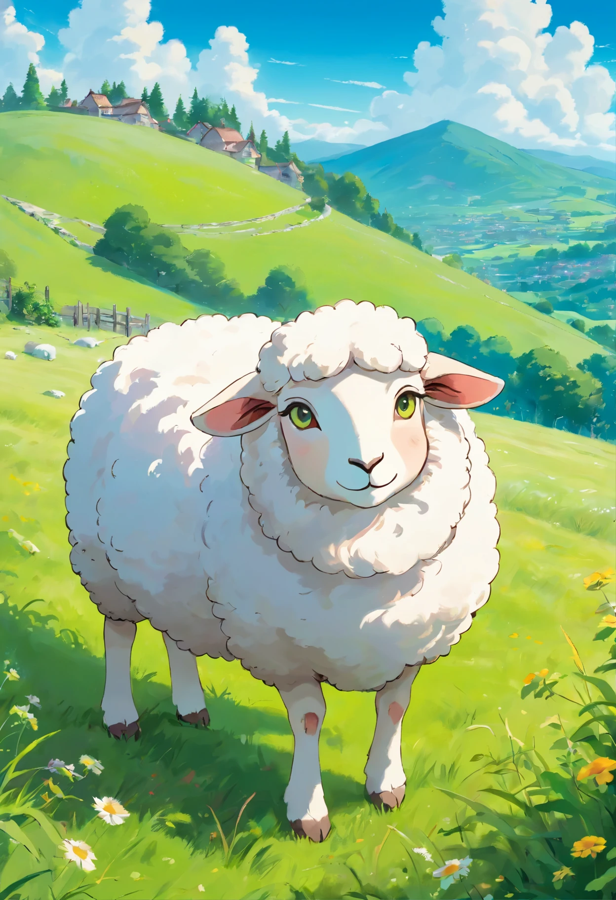 high quality, detailed artwork, realistic style, vibrant colors, soft lighting, fluffy sheep in a green meadow, grazing peacefully, gentle breeze, blue sky, white clouds, realistic fur texture, cute expressions, serene atmosphere, nature's beauty, realistic painting style, pastoral scene