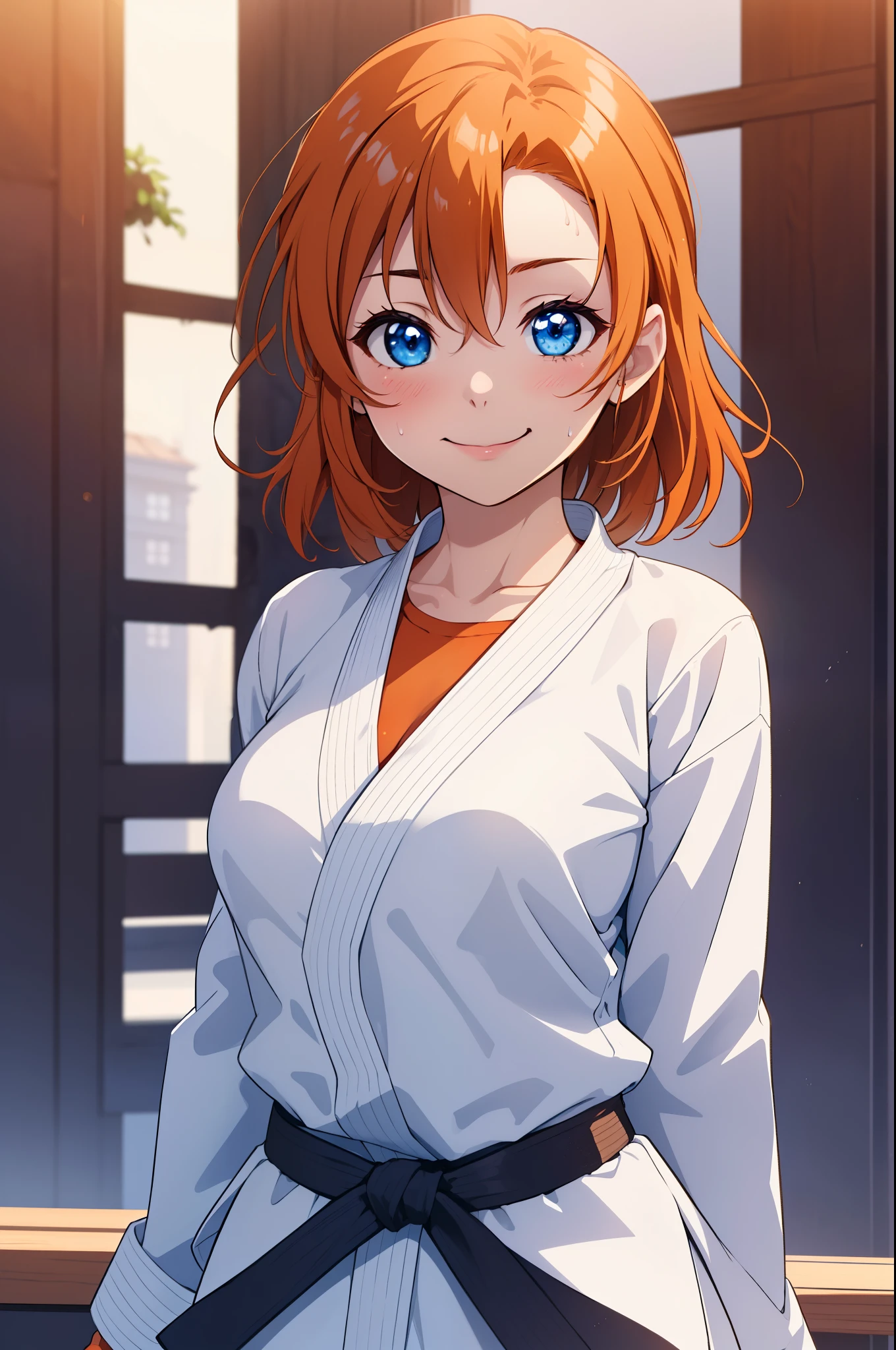 (Masterpiece, Best Quality, High Quality), upper body,volumetric lighting, illustration, beautiful, perfect lighting, perfect shadows, (breathtaking scenery:1.1), blushing, facing viewer, standing,Kousaka honoka, blue eyes, orange hair,karate gi,white karate custom, big breasts, sweating, smile