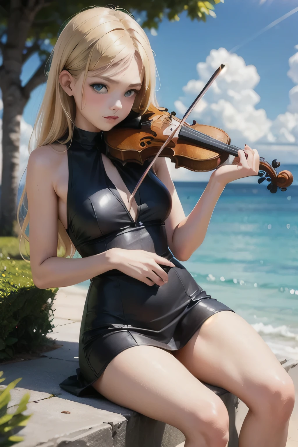 ((fullnude))、Lotus flowers in full bloom、Beautiful girl playing the violin by the pond with Monet'With the lotus pond in the background, (fantasy violin), Nymphet、(Flat)、A slender、Blonde goddess, fantasy violin, light milky white porcelain skin, (Platinum blonde super long twin tail hair), russian fairy, perfect naked girl, (Lori), a blond, Belle Delphine, blonde - haired princess, small curvy , Long platinum blonde hair