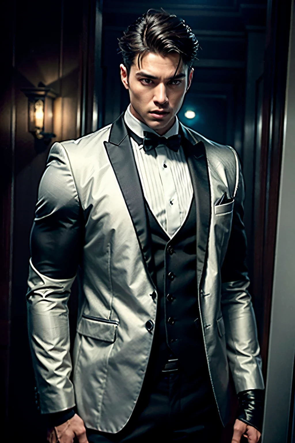1man,A 25-year-old muscular man,wearing black suits,Upper body,gentlesoftlighting,tmasterpiece,best qualtiy,8K UHD,digital SLR camera,filmgrain,Midjourney and greg rutkowski's Fujifilm XT3 realistic painting art,Large glans,Big ,Asian handsome