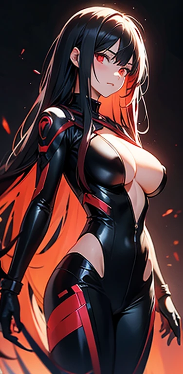 Realistic、1girl、(black hair red hair gradient hair:1.3)、(long hair),red eyes、(glowing eyes:1.3)、open stance,(middle hair),(breast focus:1.3,upper body),(enamel body suit:1.3,open chest
)、(clear face:1.3),cute face,(tareme:1.3),(huge breasts:1.3),(dark color background:1.5)

