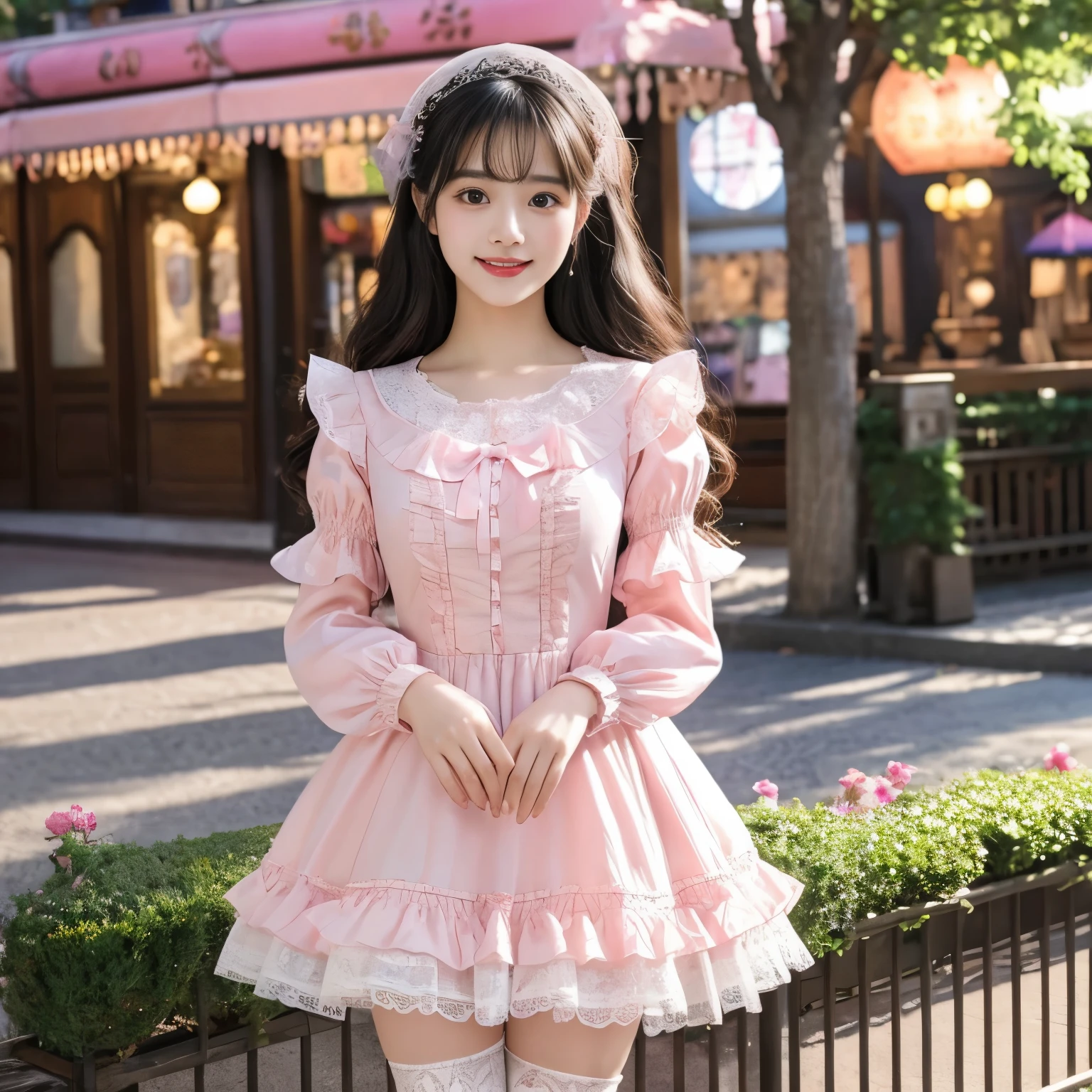 best quality, masterpiece, lifelike, 1 girl, alone, eternal, black hair, long curly hair, blunt bangs, Smile, pink skirt, pink ta dress, layered skirt, Lolityle long 裙子,分層連衣裙 lace-trimmed 裙子, decorate, lace, long sleeve, puff sleeves, wide sleeves, Transparent sleeves, hair accessories, 在flower园里, flower, Detailed background, delicate face,pink blush,white,knee socks, Pink shoes,tutu,Lots of lace,((masterpiece))、(top quality)、8K、high detail、Super detailed、 night、21 year old woman,穿着pink lolita d((dreamy atmosphere:1.1))、Seductive and whimsical style、masterpiece、born、Scenes resembling fairy tale illustrations、Intricate details showcase the ruffles and intricate design of the Lolita dressutifully、magic、capricious、 Beautifully、dream aesthetics、「𝓡𝓸𝓶𝓪𝓷𝓽𝓲𝓬、ethereal、charming、fickle、magic」、Realism、Visual effects、FXAA、SSAO、shader、Noiseless、environmental lighting、Tone mapping、high resolution、ultra high definition、megapixel、(8K resolution:1.10)、8K、8K less、8K resolution、high detail、intricate details、A look of surprise and awe on her face、 (high quality:1.2、masterpiece:1.2、:1.21)、(21 year old female:1.21)、(smile excitedly)、(Surrounded by the dreamy atmosphere of an amusement park)、pink lolita dress、Hers were full of surprise and joy、Shooting at many geeks、、High heel、slime、A slender one、Model body shape