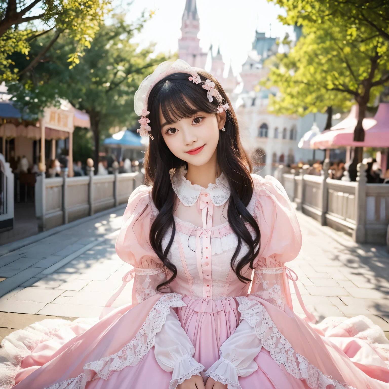 best quality, masterpiece, lifelike, 1 girl, alone, eternal, black hair, long curly hair, blunt bangs, Smile, pink skirt, pink lolita dress, layered skirt, Lolita style long 裙子,分層連衣裙 lace-trimmed 裙子, decorate, lace, long sleeve, puff sleeves, wide sleeves, Transparent sleeves, hair accessories, 在flower园里, flower, Detailed background, delicate face,pink blush,white,knee socks, Pink shoes,tutu,Lots of lace,((masterpiece))、(top quality)、8K、high detail、Super detailed、 night、21 year old woman,穿着pink lolita dress((dreamy atmosphere:1.1))、Seductive and whimsical style、masterpiece、born、Scenes resembling fairy tale illustrations、Intricate details showcase the ruffles and intricate design of the Lolita dress、Beautifully、magic、capricious、 Beautifully、dream aesthetics、「𝓡𝓸𝓶𝓪𝓷𝓽𝓲𝓬、ethereal、charming、fickle、magic」、Realism、Visual effects、FXAA、SSAO、shader、Noiseless、environmental lighting、Tone mapping、high resolution、ultra high definition、megapixel、(8K resolution:1.10)、8K、8K less、8K resolution、high detail、intricate details、A look of surprise and awe on her face、 (high quality:1.2、masterpiece:1.2、:1.21)、(21 year old female:1.21)、(smile excitedly)、(Surrounded by the dreamy atmosphere of an amusement park)、pink lolita dress、Her eyes were full of surprise and joy、Shooting at many geeks、、High heel、slime、A slender one、Model body shape