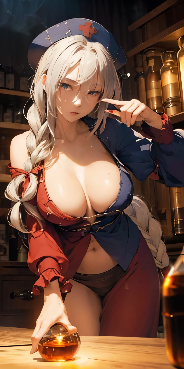 (masterpiece, best quality:1.3), (face focus:1.3), Yagokoro Eirin, Touhou Series, perfect face, expressive eyes, 1woman, looking at viewer, 38 years old, gorgeous body, big breast, beautiful, anime, lora,1woman, silver hair, braid hair, nurse cap, red and blue clothes, long skirt, (corrupt, brainwashed, hypnotized, mind controlled:1.5), (evil look:2.0), (cinematic lighting, realistic, dream-like, enchanting atmosphere:1.3), (photo of a woman in her dark and mysterious environment:1.3), (the woman surrounded by an aura of mystery and intrigue:1.3), (a dark and mysterious laboratory decorated with many flasks, each filled with colorful liquids:2.0), (a crystal ball nearby, adding to the mystical setting:1.3), (a hint of incense in the air, adding to the sensory experience:1.3), 