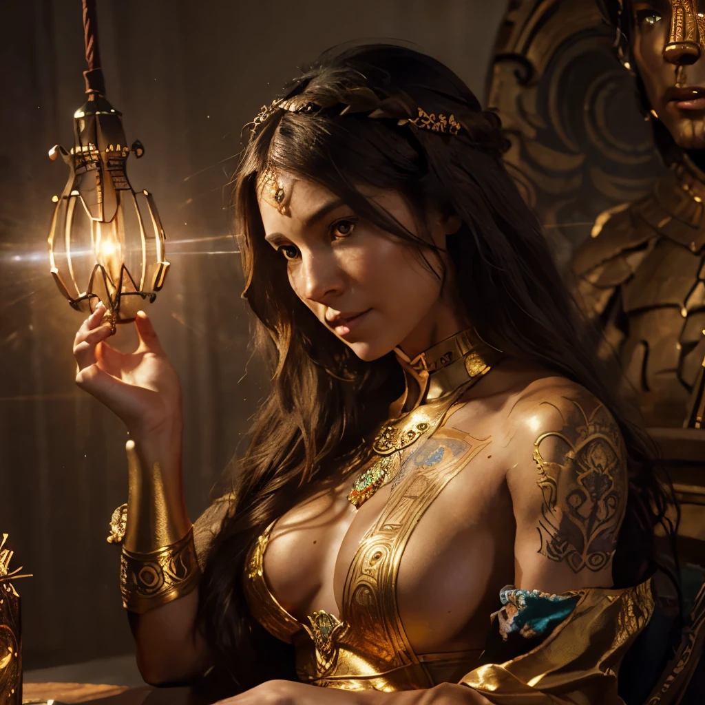 (A beautiful cinematic ornamented female sand goddess, golden dress, glow golden tattoo), (galactic Shaman with Quantum Energy fantasy), fantasy magic, long hairstyle, dark light night, intricate, ethereal, sharp focus, illustration, highly detailed, digital painting, concept art, matte, (art by WLOP), (by Justin Gerard and Jason Edmiston: 1.5), (by Greg Rutkowski: 0.4), (by Alphonse Mucha: 0.4), masterpiece