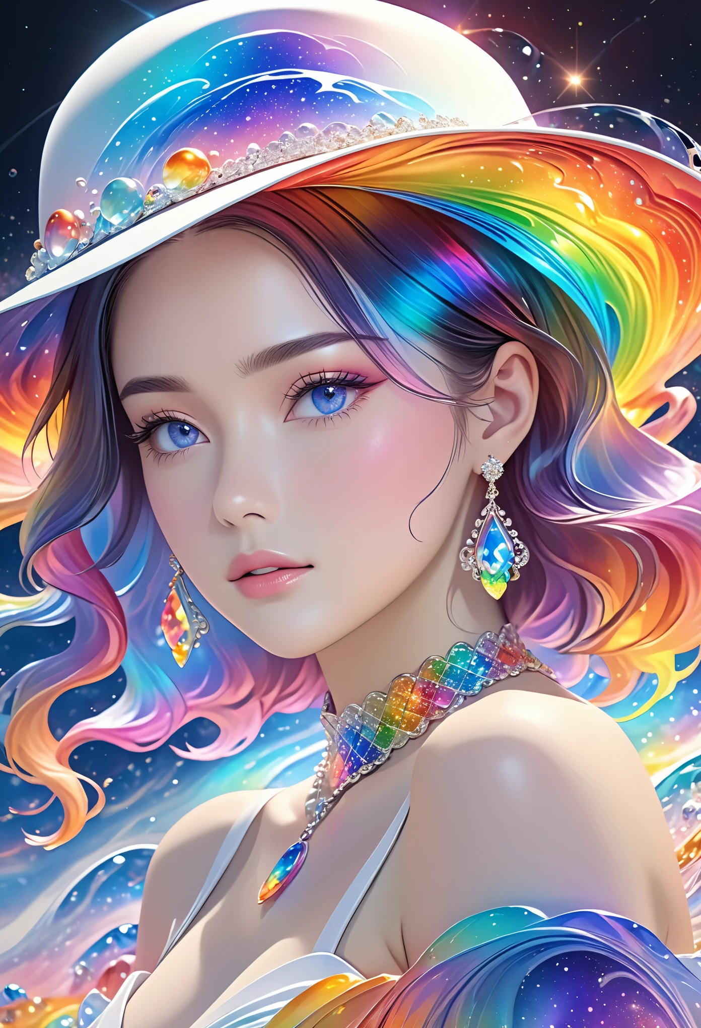 a beautiful young woman,Ultra-detailed,Rich details,jewelry,jewelry,hat, mysterious waves at night. 3d. rainbow colors. The melting beauty of the universe. Surrealism in Nebula Reflections
