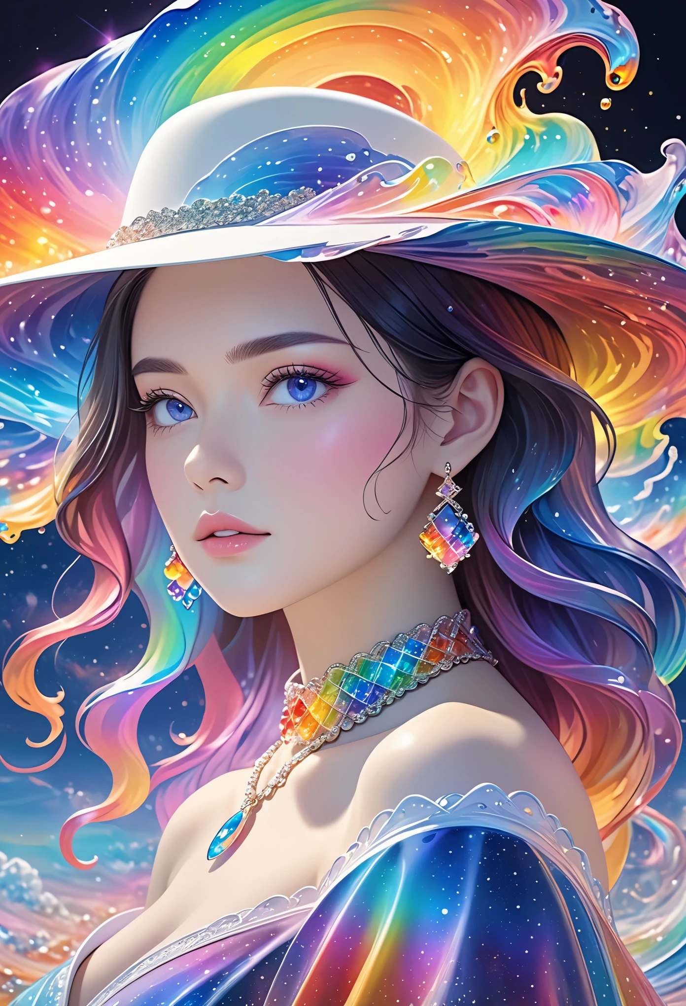 a beautiful young woman，Ultra-detailed，Rich details，jewelry，jewelry，hat， mysterious waves at night. 3d. rainbow colors. The melting beauty of the universe. Surrealism in Nebula Reflections