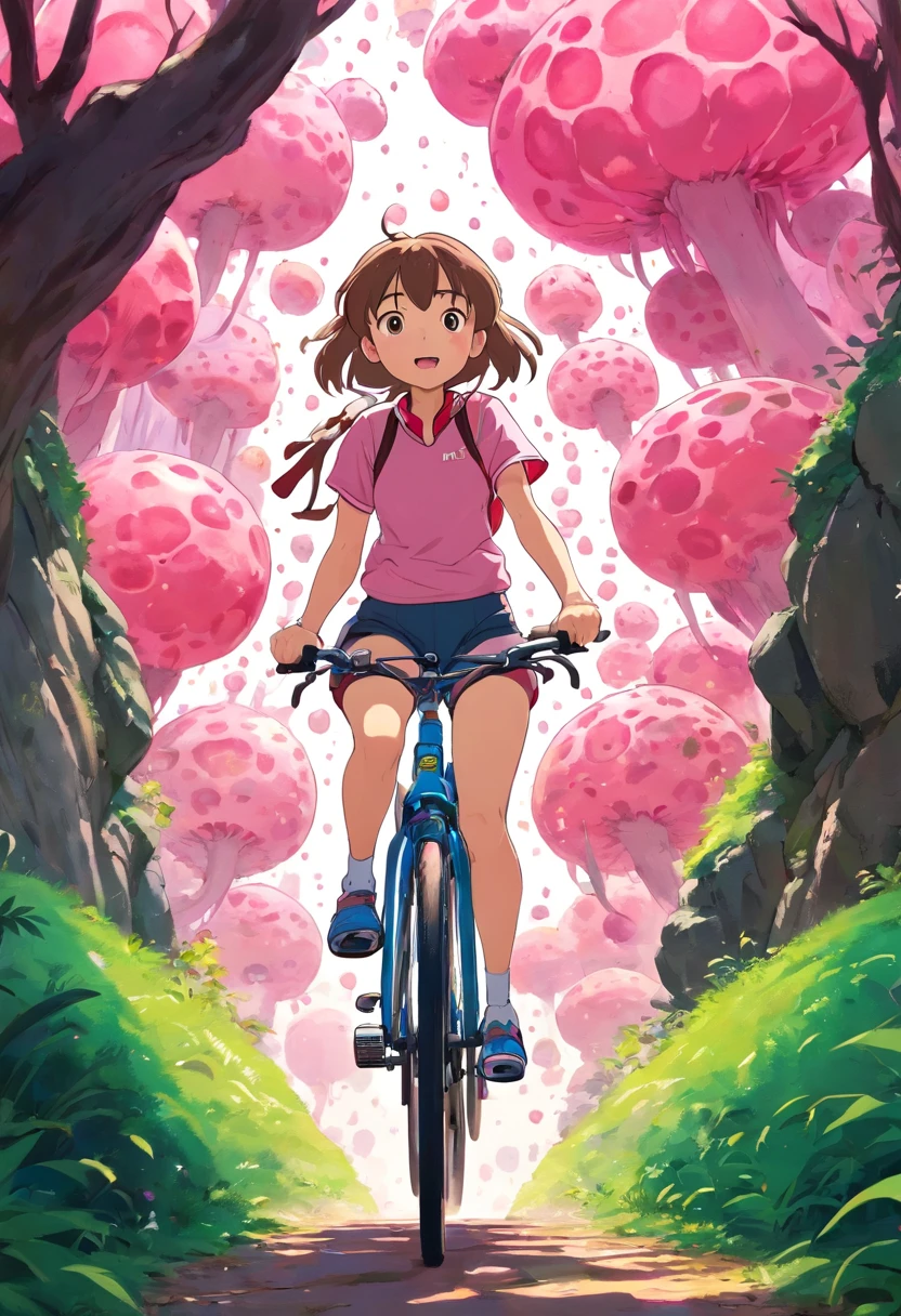 cute anime girl rides a bicycle, in running shorts, short shorts, Cave covered with pink biological cells