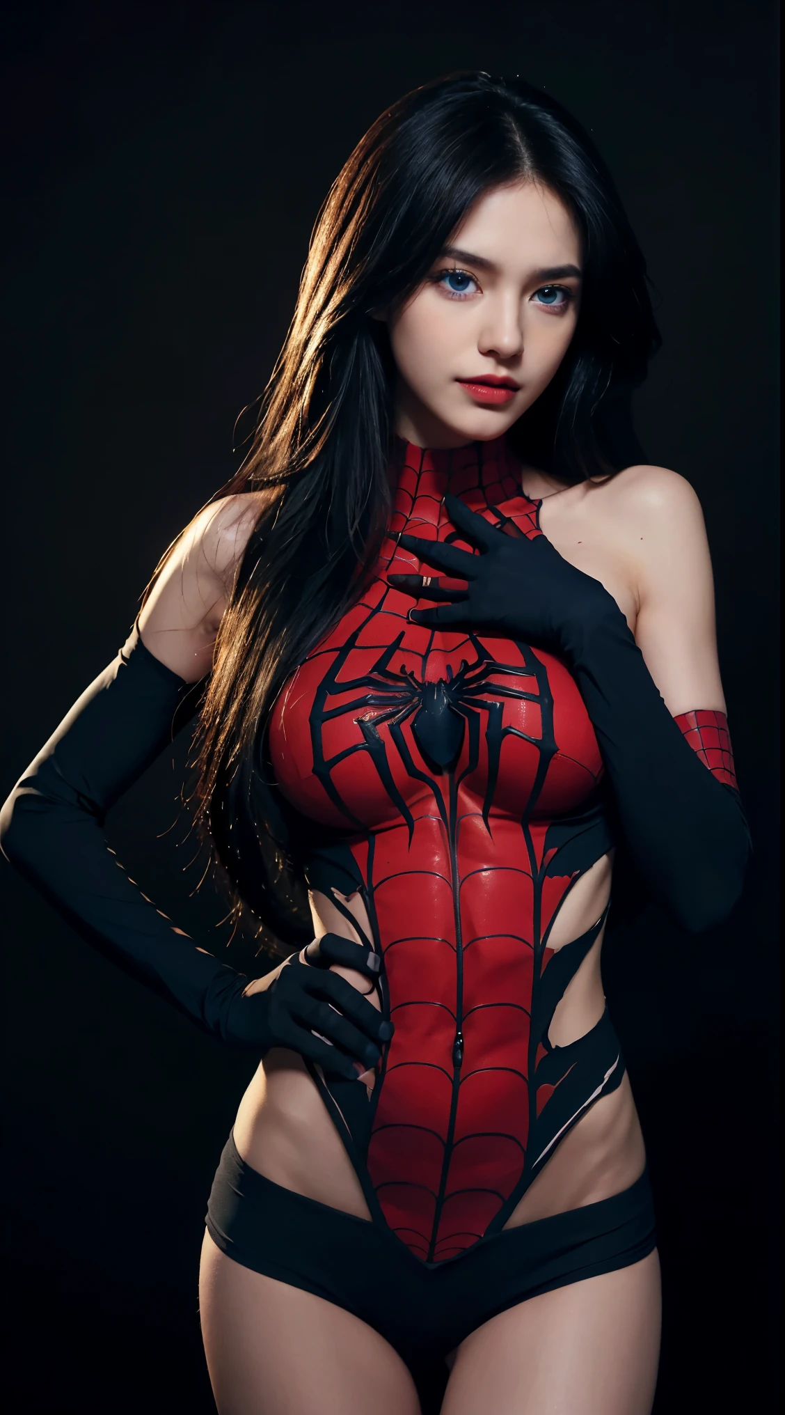 8K, Top Quality, Intricate Details, Ultra Detail, Ultra High Resolution, Masterpiece, close up shot, Slender,, (()), (Makeup: 0.4), (Fluffy Blue Eyes: 1.21), , looking at viewer, (()), 1girl, solo, 1 girl, (( )), , , ((tall)), (((fit body))), (((slim face))), sharp face , smile, (( black hair, long hair )) , (detailed face), sharp face, small lips, standing, , show belly ,, hand on hip , ((,torn spiderman suits , naked )), sleeveless, ((detail belly )), detail fingers, detail hands, detailed face, detailed breast, huge breast, Narrow Waist, Skinny, 175 cm tall , Muscular, Navel, Exposed Abdomen, Pointed Ches , large breast, , , Beautiful girl with accentuated slender abs: 1.4, Six Pack Abs: 1.4, Bust Botox,, Perfect Body, (( dark background)), black background,