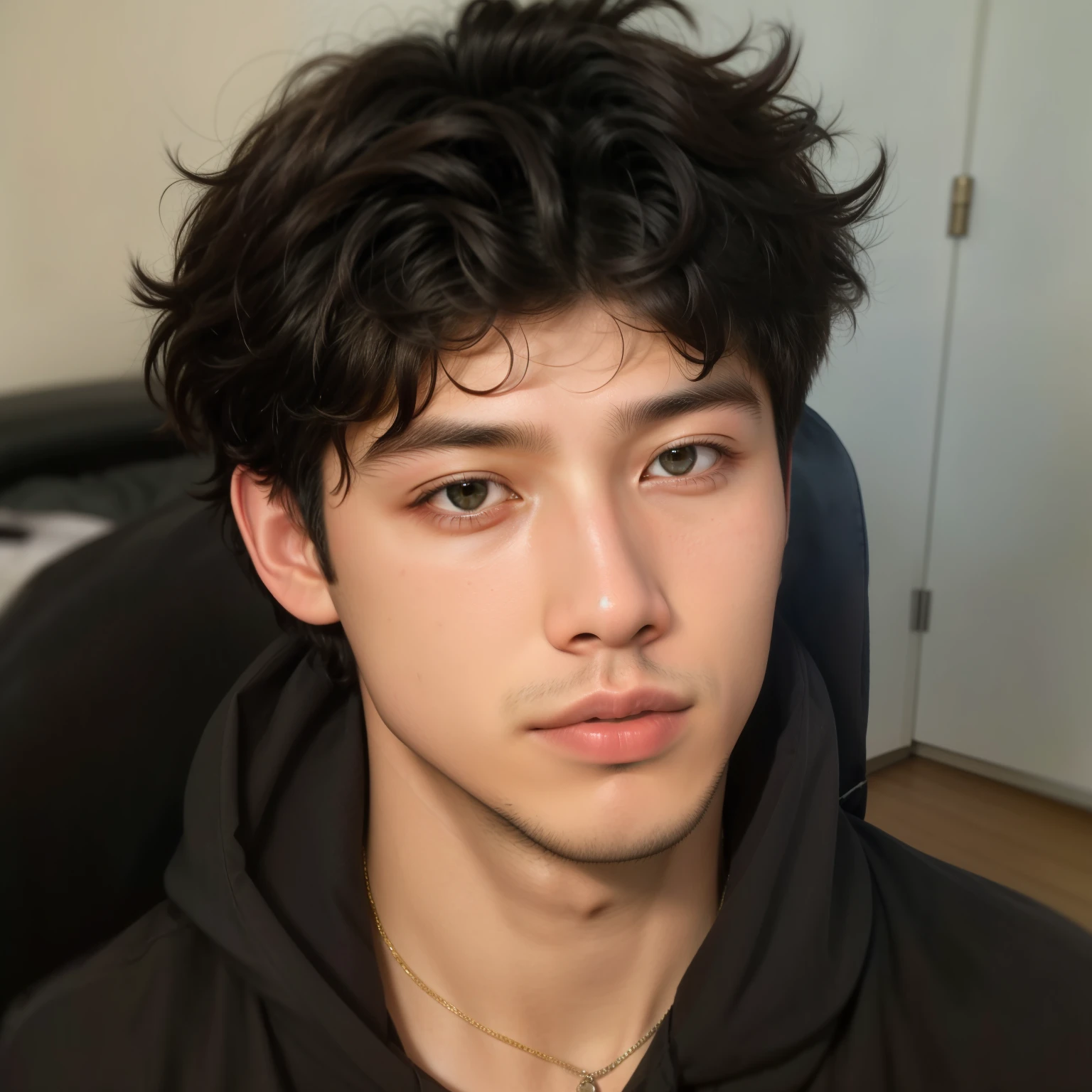 sharp young man with a messy haircut, sentado em uma cadeira, profile picture with headshot, inspired by John Lucas, rosto perfeito e garoto, Ruben Wu, his hair is messy and wild, Tommy 1 6 anos, rosto bonito, rosto lindo perfeito, lindo chad queixo, 18 anos de idade, half body head shot, jovem bonito, asian man