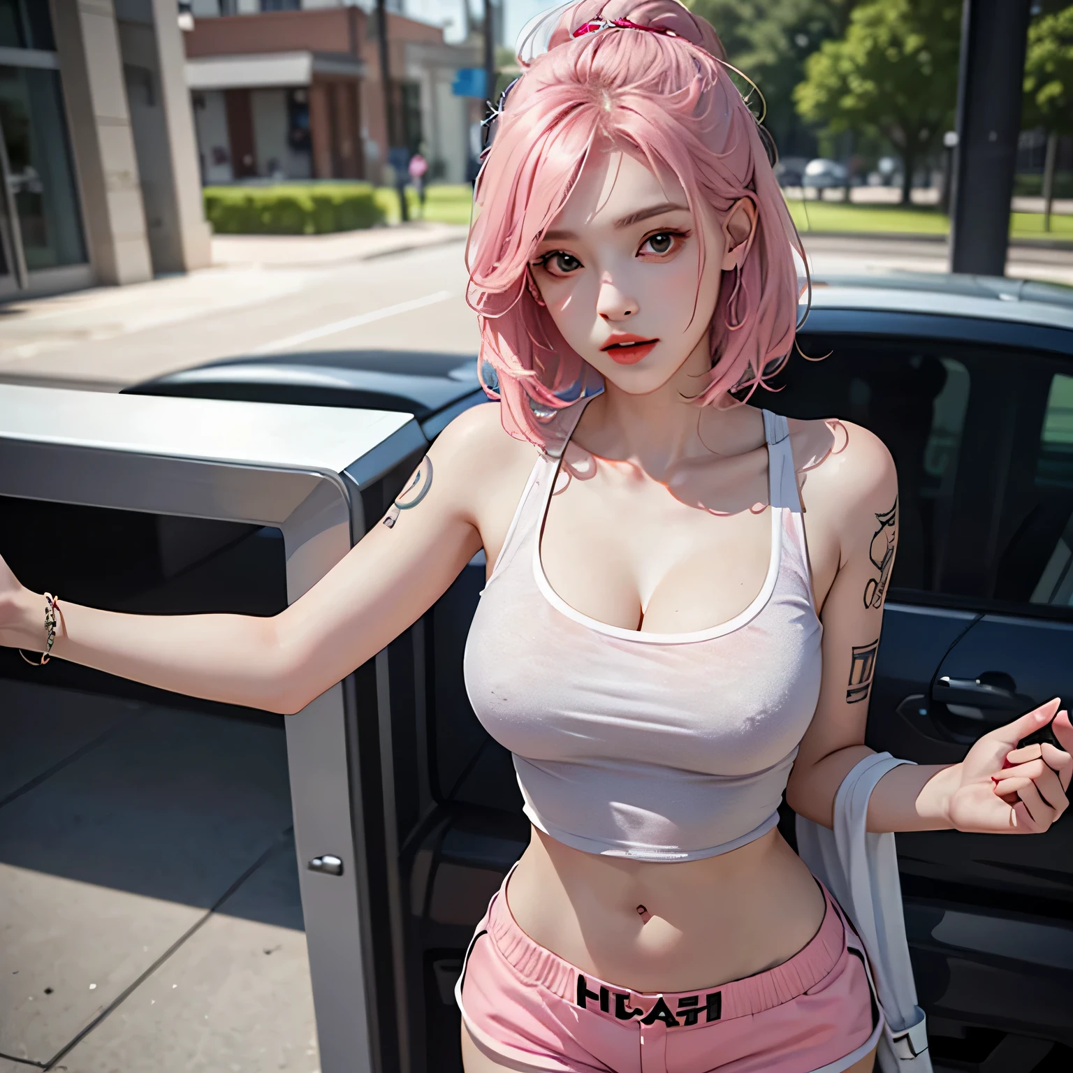 perfect style, beautiful face, Highly detailed face and skin texture, (maximum resolution: 1.2), 1 female, alone, hip up, jewelry, tattoo, streetwear, T-shirt, pink hair, shorts, sports boots, (((thin waist))), (big breasts)