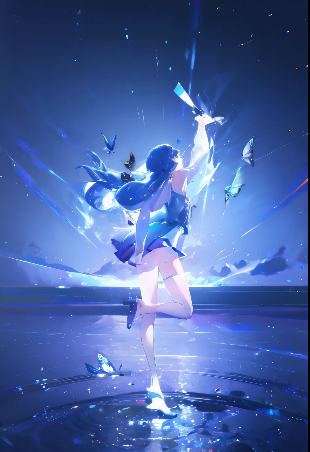 1 girl, transparent water, blue butterfly, pure white gauze skirt, sparkling
