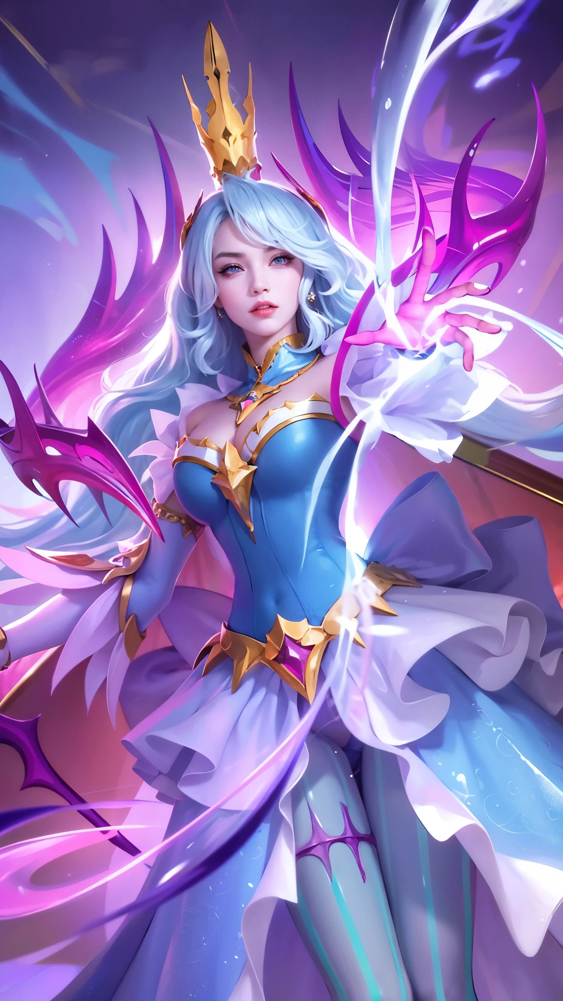 (8k, RAW photo, photorealistic:1.25), red lipgloss, glosace, glossy skin, depth of field, chromatic aberration, caustics, Broad lighting, natural shading, a girl in a blue dress with a crown and a sword, beautiful celestial mage, mobile wallpaper, mystical atlantean valkyrie, ultra hd, ultra detailed texture, hyper realistic, detailed texture, detailed face, detailed skin, detailed lighting, best quality, beautiful lighting, cinematic lighting, professional lighting, ultra highres, realistic, detailed hair, real hair, white hair, high quality, (realskin:1.5), extremely detailed, finely detail, ultra-detailed, detail eyes, cinematic background