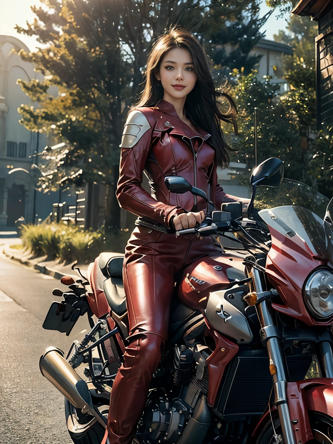 (realistic:1.5), 8K, Ultra-high definition beauty, 1 female, 30 years old, (a sunny day:1.5), intricate body details, (highest quality: 1.0), (Super high sharpness: 1.0),(Beautiful and delicate depiction of eyes),((((riding a motorcycle)))),unreal engine:1.4,photorealistic:1.4, skin texture:1.4, masterpiece:1.8,highest quality at best,full body shot、slender body、(((Red riding leather suit and long pants)))、long limbs、smile