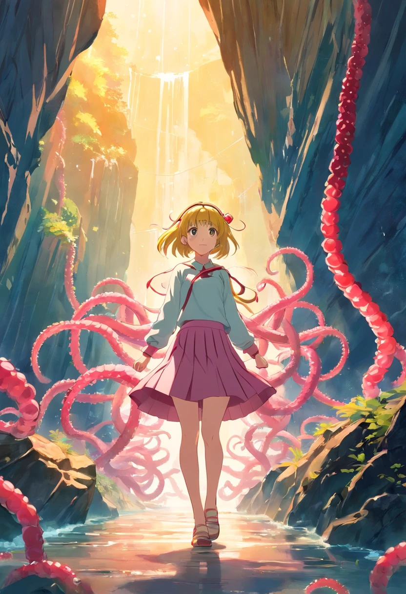 a girl, yellow hairband, , serafuku, long sleeves, pleated skirt, Cave covered with pink raspberry groups, Tentacles entangled