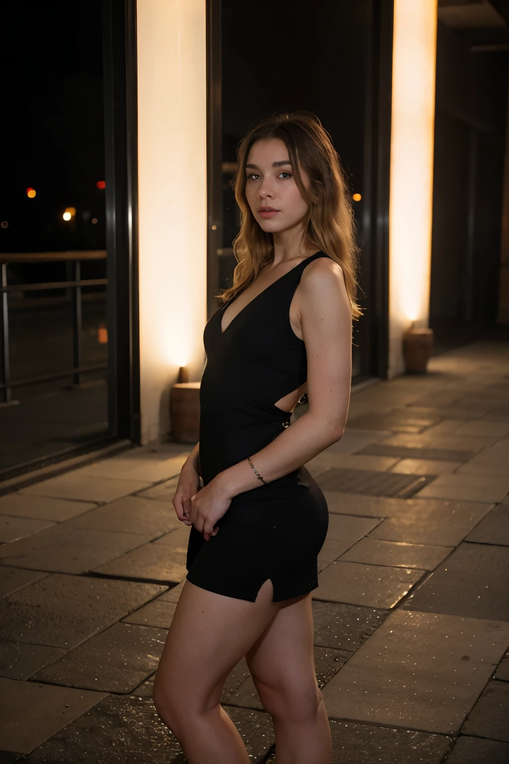 gritty candid raw full-body photo of a young 20 year old beautiful, big lips, full body, high cheekbones, playful, Russian and Czech mixed race, full-body shot, athletic, night club , black dress
, modern, long curly blonde hair picked up, realistic skin texture, very tall and athletic, boho-chic, flawed skin, shot with Sony Alpha A6500 1.4f, bokeh, highly detailed, masterpiece,
