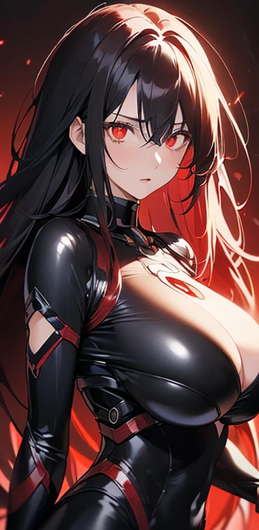 Realistic、1girl、(black hair red hair gradient hair:1.3)、(long hair),red eyes、(glowing eyes:1.3)、open stance,(middle hair),(breast focus:1.3,upper body),(enamel body suit:1.3,open chest
)、(clear face:1.3),cute face,(tareme:1.3),(huge breasts:1.3),(dark color background:1.5)
