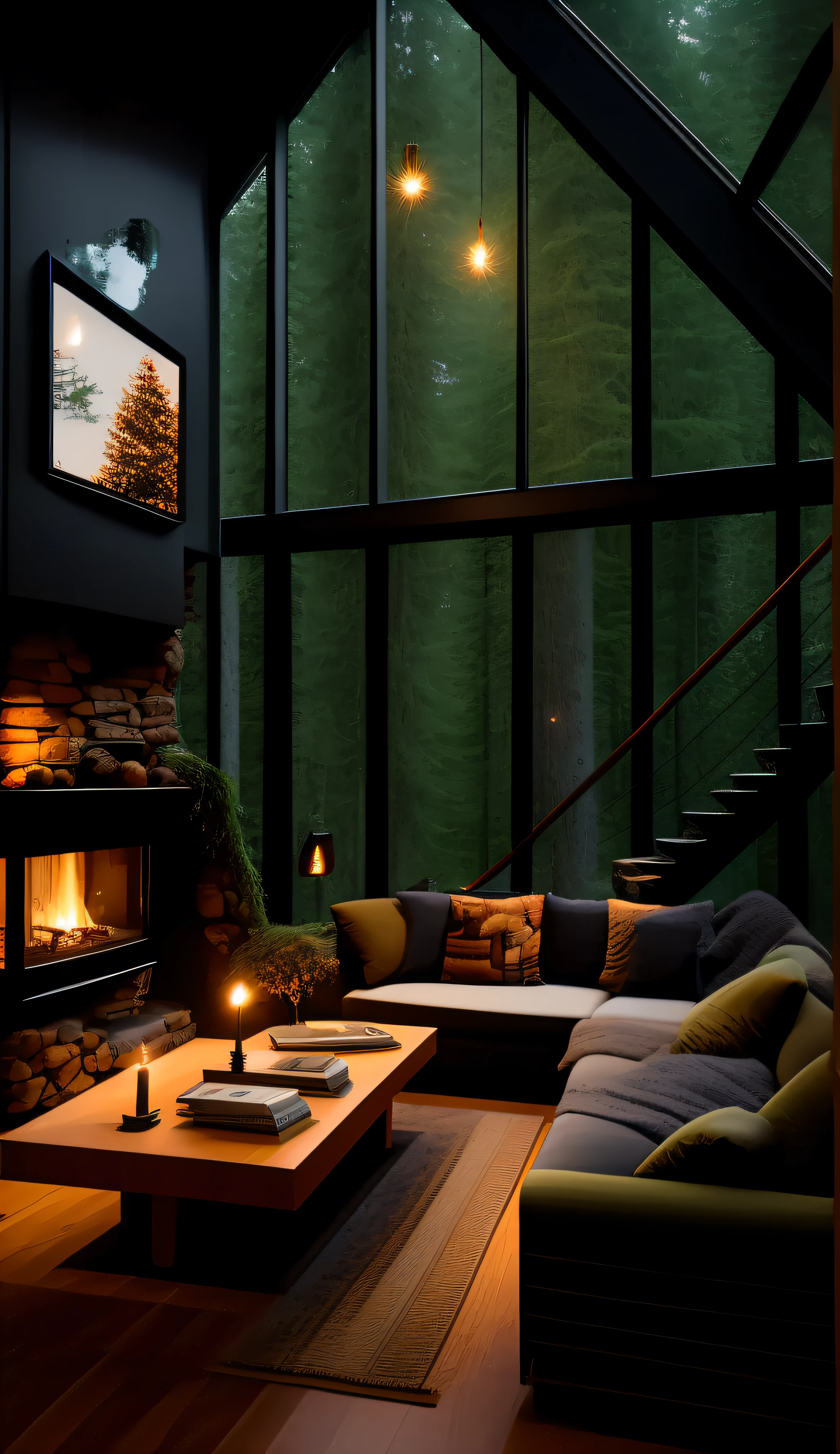 Spacious living room with large sofa and fireplace, large windows overlooking the forest at night, salon confortable, Endroit confortable, Ambiance chaleureuse et paisible, To L'interior on a rainy day, salon confortable interior, environnement chaleureux, atmosphère confortable, confortable et calme, environnement relaxant, salon chaleureux, ambiance chaleureuse, lucioles de nuit douillettes