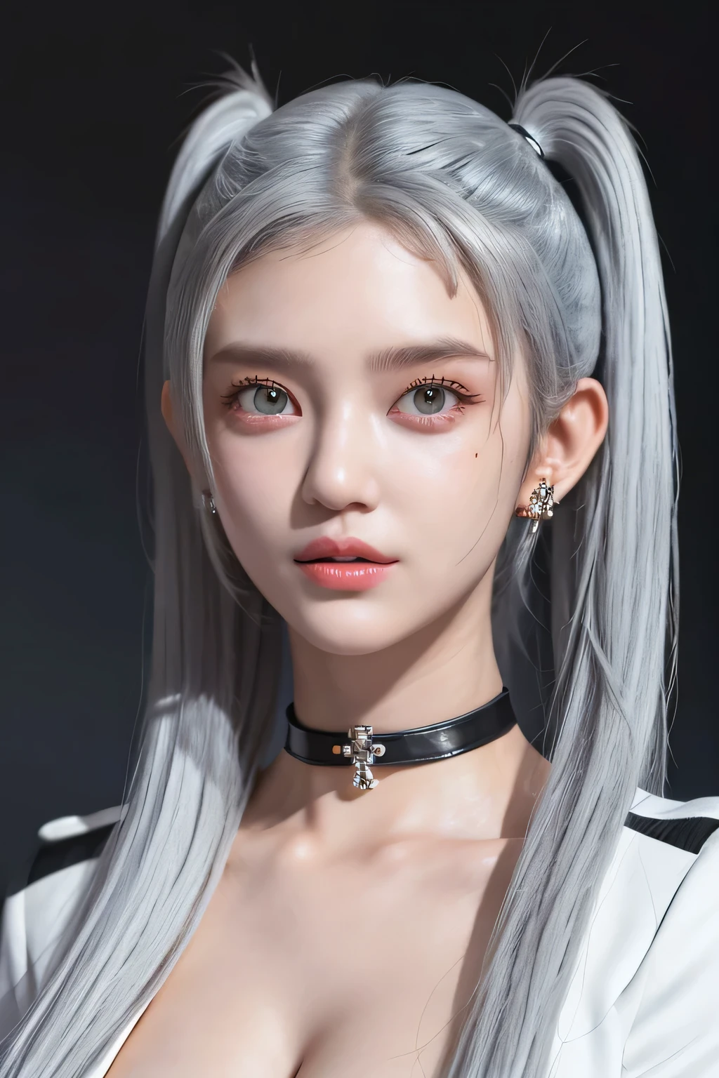 (((NSFW1.5)))，realistic, table top, highest quality, Raw photo, 1 girl, alone, twin tails, silver hair, detailed face, fascinating face, earrings、sharp eyes、choker、neon shirt、open jacket、crop top, medium breasts, dynamic pose, looking at the viewer, from below, detailed background, Detailed, intricate details, ray tracing, Depth of the bounds written, low key, nffsw,erect nipples, big breasts