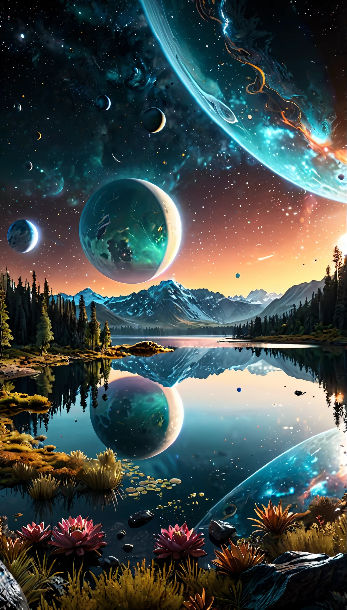 ((Masterpiece in maximum 16K resolution):1.6),((soft_color_photograpy:)1.5), ((Ultra-Detailed):1.4),((Movie-like still images and dynamic angles):1.3), ((Ultra wide angle):1.5),((fisheye lens photo):1.3). | (Cinematic photo of Alien Planet Landscape), (Nearby Moons with visible lakes), (magical vegetations), ((tyndall effect):1.1), ((exotic night sky):1.2), ((sense of discovery):1.1), (shimmer), (visual experience), (Realism), (Realistic), award-winning graphics, dark shot, film grain, extremely detailed, Digital Art, rtx, Unreal Engine, scene concept anti glare effect, All captured with sharp focus.
Rendered in ultra-high definition with UHD and retina quality, this masterpiece ensures super detail. With a focus on high quality and accuracy, this award-winning portrayal captures every nuance in stunning 16k resolution, immersing viewers in its lifelike depiction.
((perfect_composition, perfect_design, perfect_layout, perfect_detail, ultra_detailed)), ((enhance_all, fix_everything)), More Detail, Enhance.