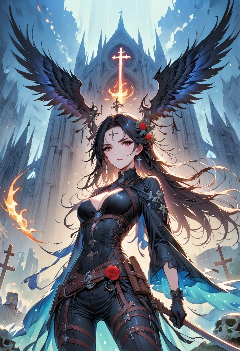 （Messenger from hell：1.4），(Rose field:1.3)，cross，one个巨大的Blood-sucking ghost，View of sickle from below，hell，magma，flame，（purple flame：1.3），There is fresh Blood on the ground，Blood pool，dripping Blood，Gothic aesthetics，one、Rose、castle、cross、Blood、Cemetery，gothic style的神秘、solemn and profound，gothic style，gothic style蕾丝的衣服、Rose symbolizes romance、grave、Blood-sucking ghost、witch、ruins、gothic cathedral，Gothic Symbol Series,Rose Garden