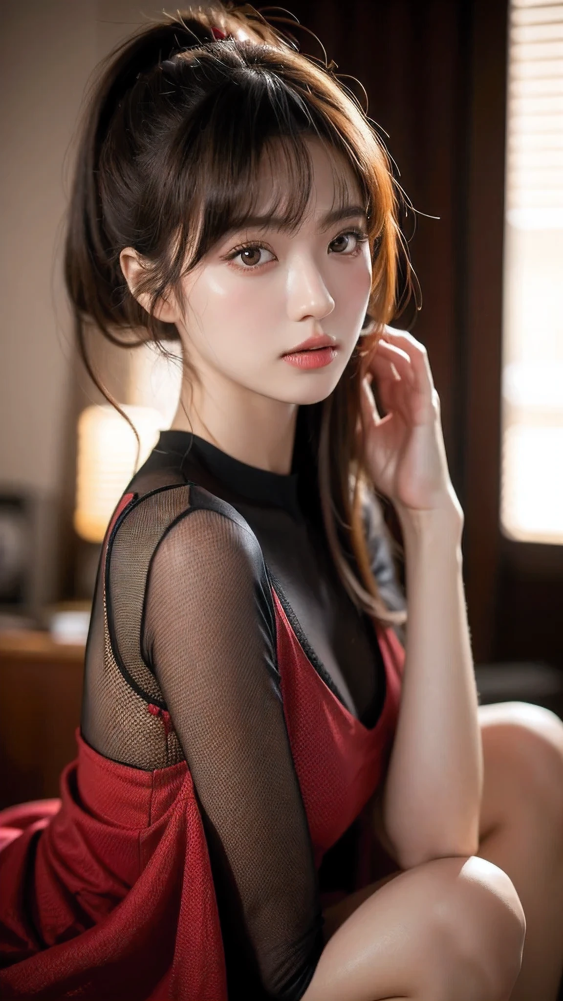 masterpiece, 1 beautiful girl, delicate eyes, swollen eyes, top quality, Ultra High resolution, (Reality: 1.4), movie lighting, Japanese, asian beauty, Korean, very beautiful, beautiful skin, thin and long, body facing forward, (Surreal), (High resolution), (8K), (Very detailed), ( Best Illustration), (The eye details are exquisite), (super detailed), (wallpaper), Detailed face, bright lights, professional lighting, looking at the audience, facing straight ahead, The costumes are neat shirts and dresses, 46 points oblique bangs, night view, black hair (some redheads with mesh),