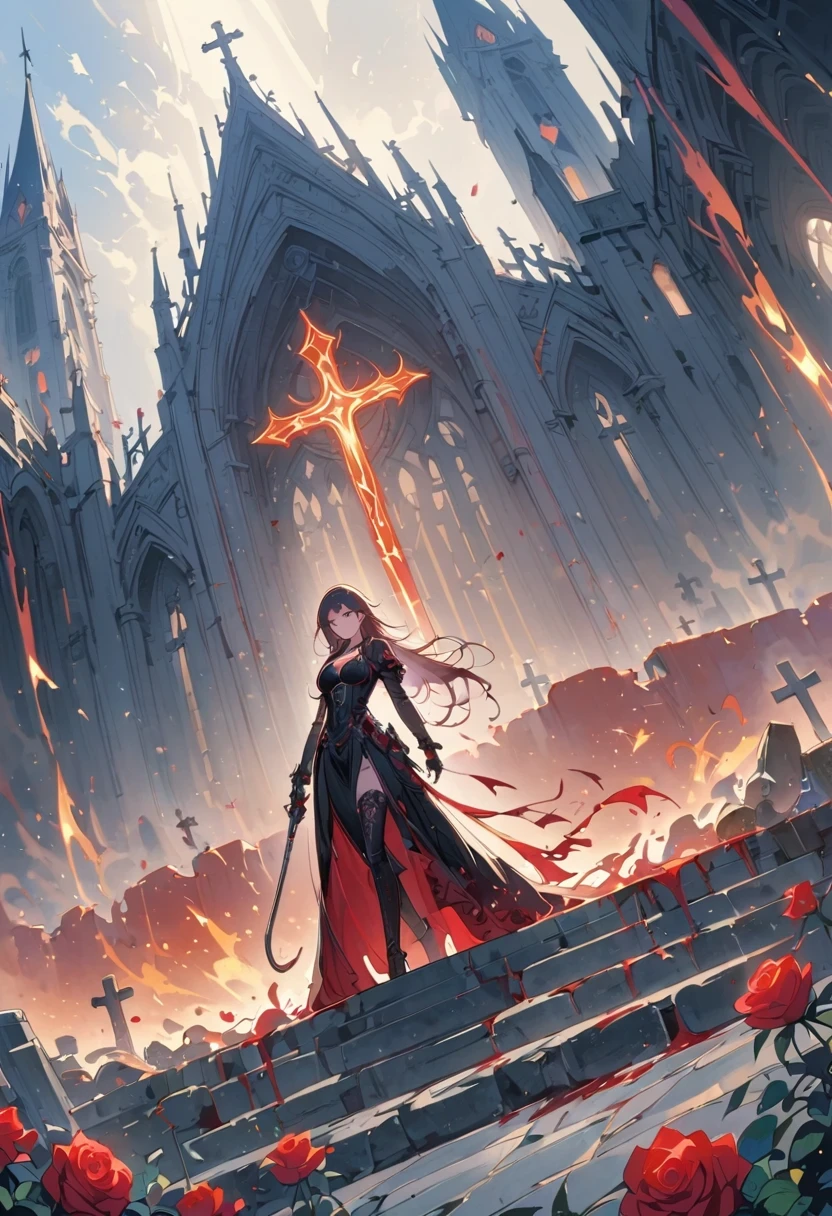 (Messenger from hell:1.4),(Rose field:1.3),cross,one个巨大的Blood-sucking ghost,View of sickle from below,hell,magma,flame,(purple flame:1.3),There is fresh Blood on the ground,Blood pool,dripping Blood,Gothic aesthetics,one、Rose、castle、cross、Blood、Cemetery,gothic style的神秘、solemn and profound,gothic style,gothic style蕾丝的衣服、Rose symbolizes romance、grave、Blood-sucking ghost、witch、ruins、gothic cathedral,Gothic Symbol Series,Rose Garden