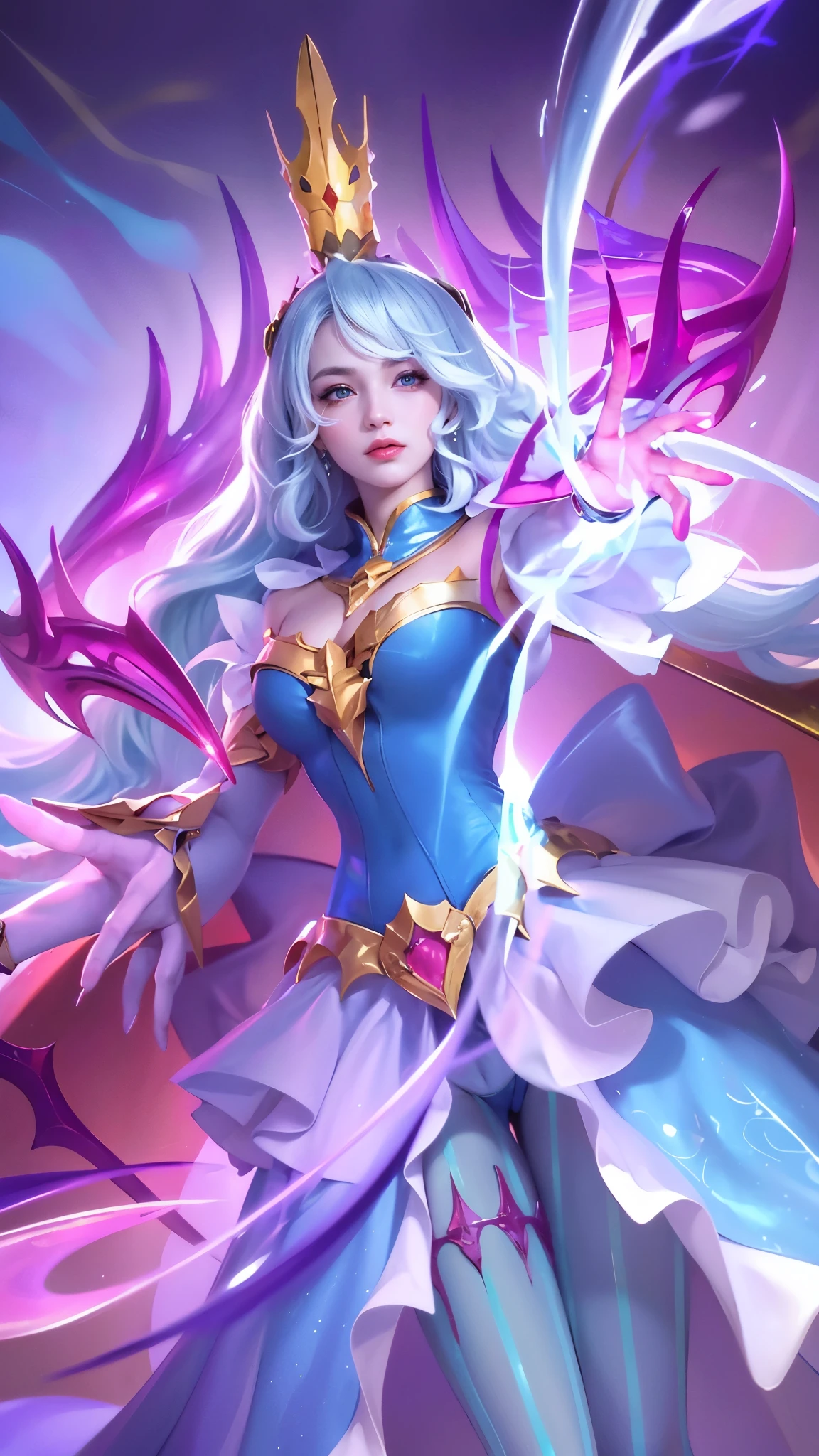 (8k, RAW photo, photorealistic:1.25), red lipgloss, glosace, glossy skin, depth of field, chromatic aberration, caustics, Broad lighting, natural shading, a girl in a blue dress with a crown and a sword, beautiful celestial mage, mobile wallpaper, mystical atlantean valkyrie, ultra hd, ultra detailed texture, hyper realistic, detailed texture, detailed face, detailed skin, detailed lighting, best quality, beautiful lighting, cinematic lighting, professional lighting, ultra highres, realistic, detailed hair, real hair, white hair, high quality, (realskin:1.5), extremely detailed, finely detail, ultra-detailed, detail eyes, cinematic background