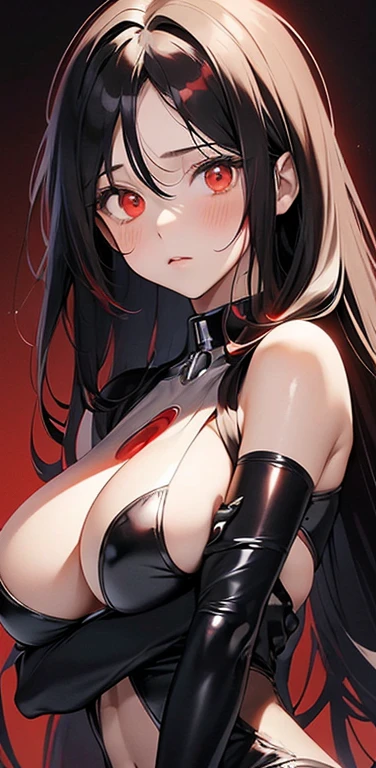 Realistic、1girl、(black hair red hair gradient hair:1.3)、(long hair),red eyes、(glowing eyes:1.3)、open stance,(middle hair),(breast focus:1.3,upper body),(enamel body suit:1.3,open chest
)、(clear face:1.3),(cute face:1.3),(tareme:1.3),(huge breasts:1.3),(dark color background:1.5)
