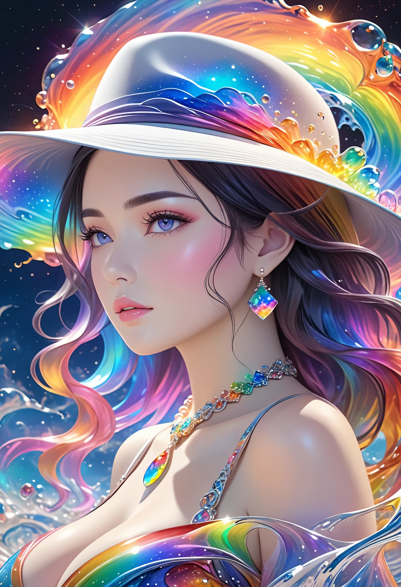 a beautiful young woman,Ultra-detailed,Rich details,jewelry,jewelry,hat, mysterious waves at night. 3d. rainbow colors. The melting beauty of the universe. Surrealism in Nebula Reflections,big breasts